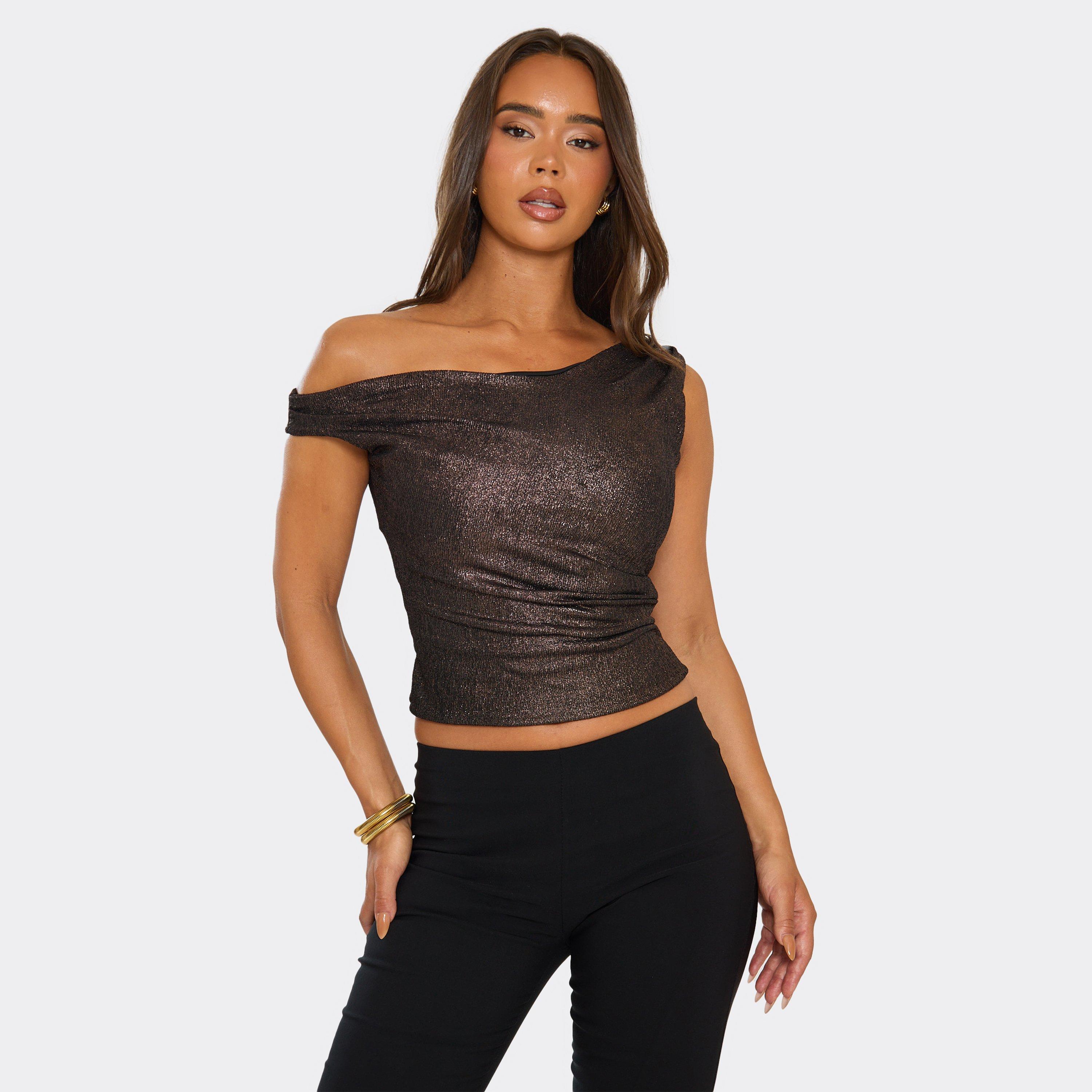 Asymmetric Off The Shoulder Top In Brown Glitter, Women's Size UK 8
