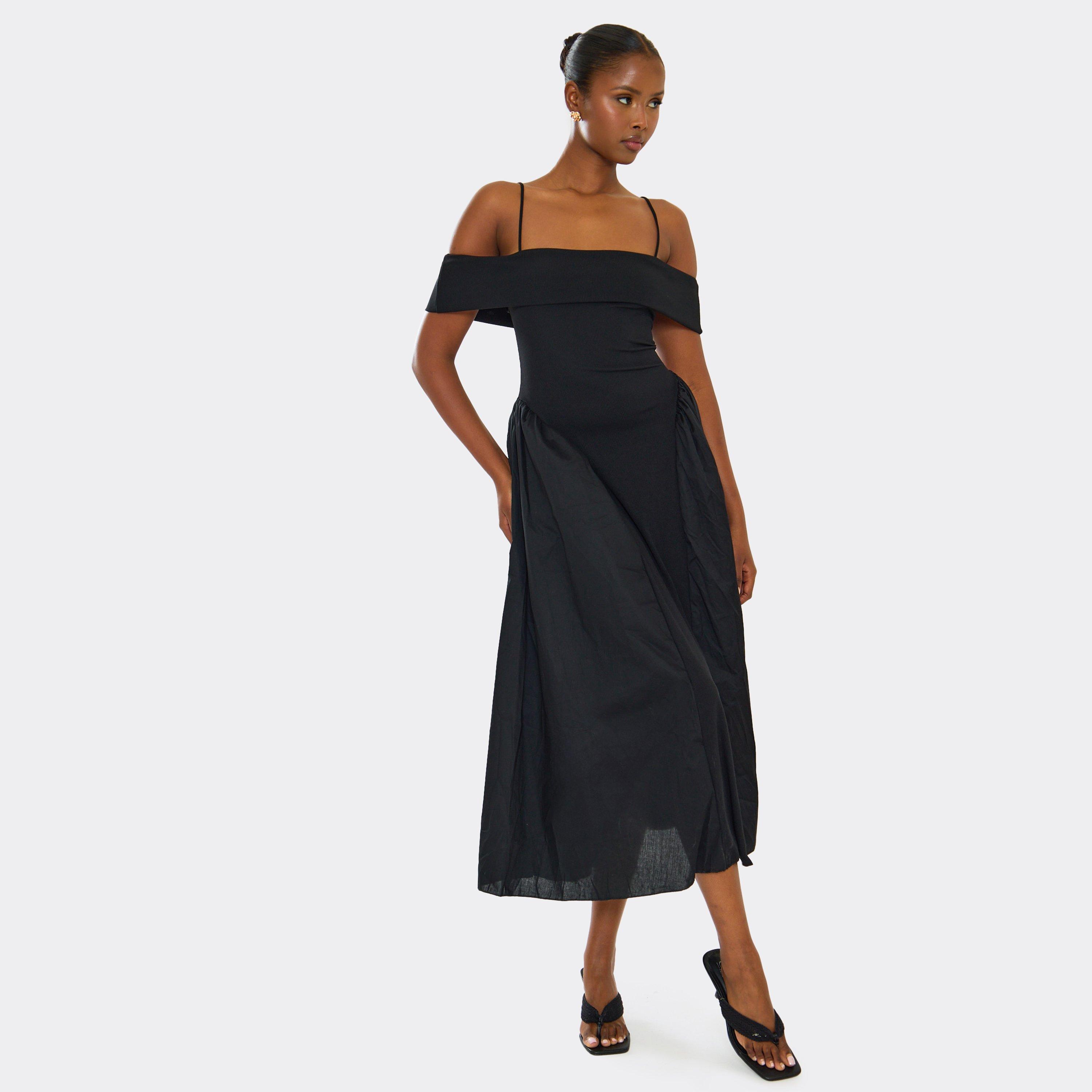 Bardot Strap Detail Rib Panel Skater Midi Dress In Black, Women’s