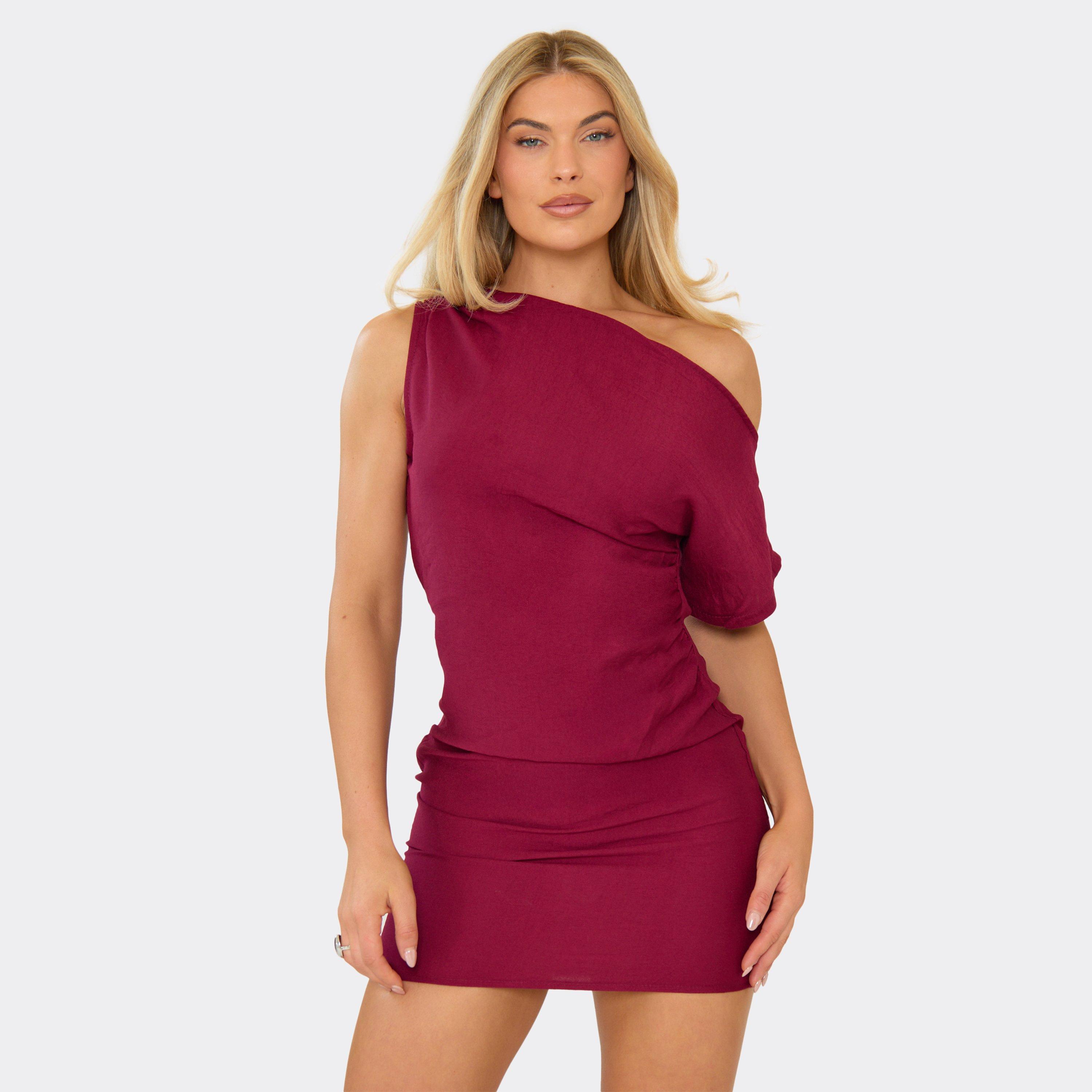 Asymmetric One Shoulder Ruched Detail Mini Dress In Burgundy Woven, Women’s