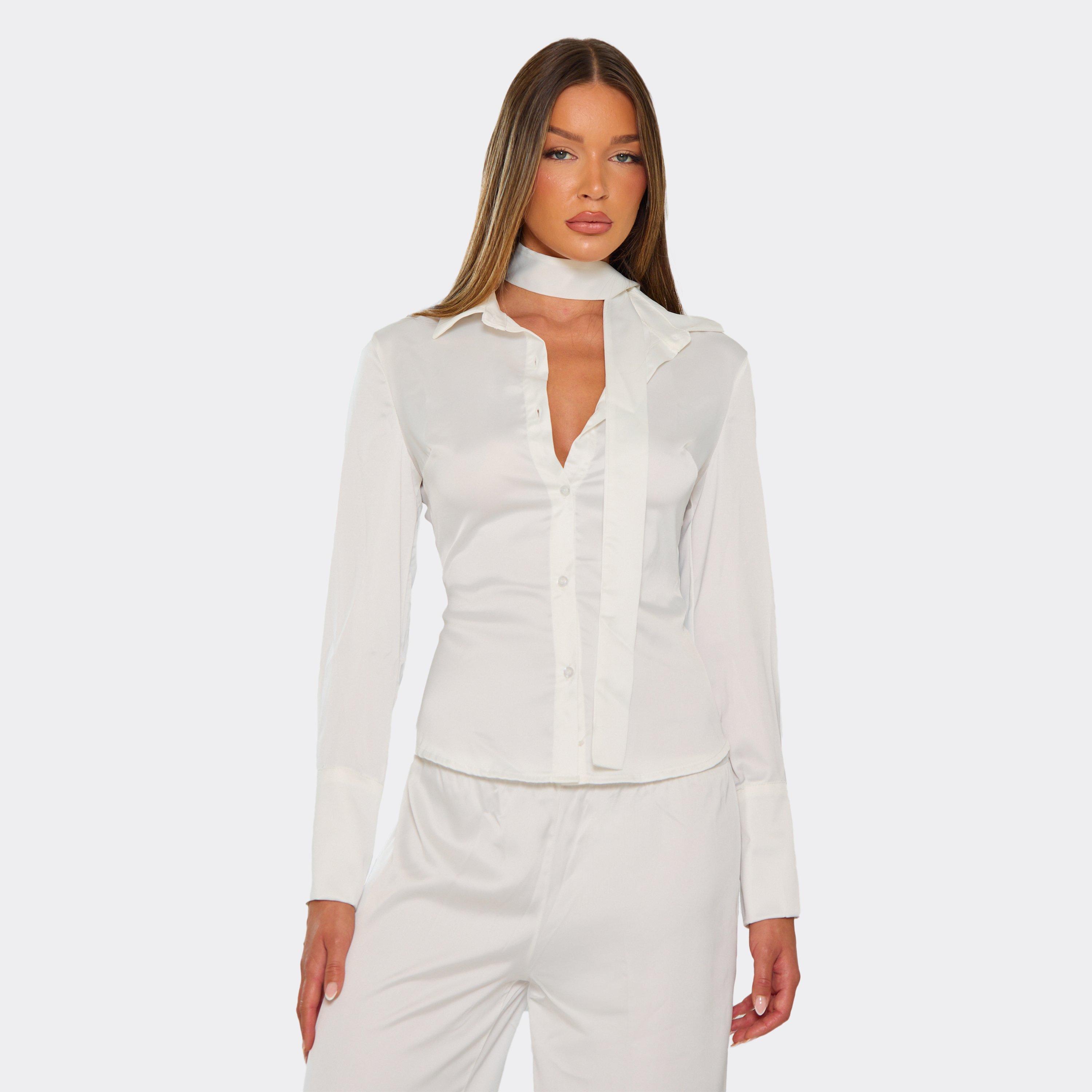 Image of Scarf Detail Cinched Waist Seam Detail Shirt In Cream, Women's