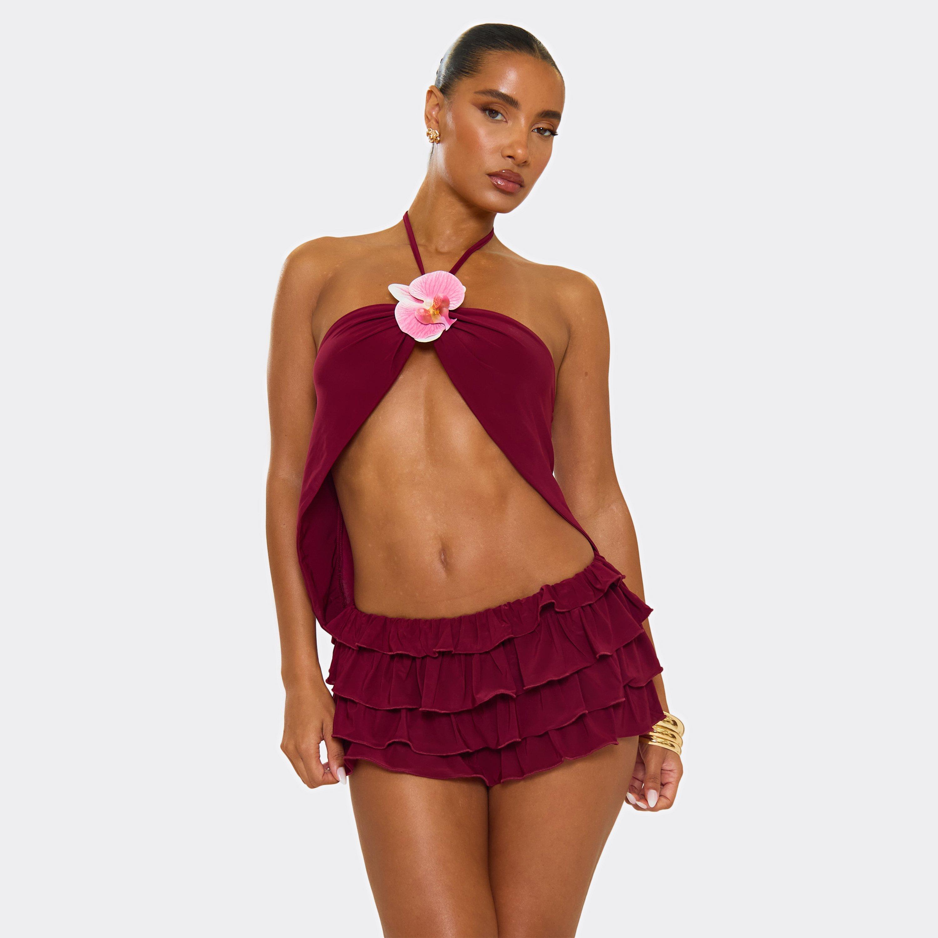 Halterneck Split Front Flower Trim Crop Top In Burgundy, Women's Size UK 14