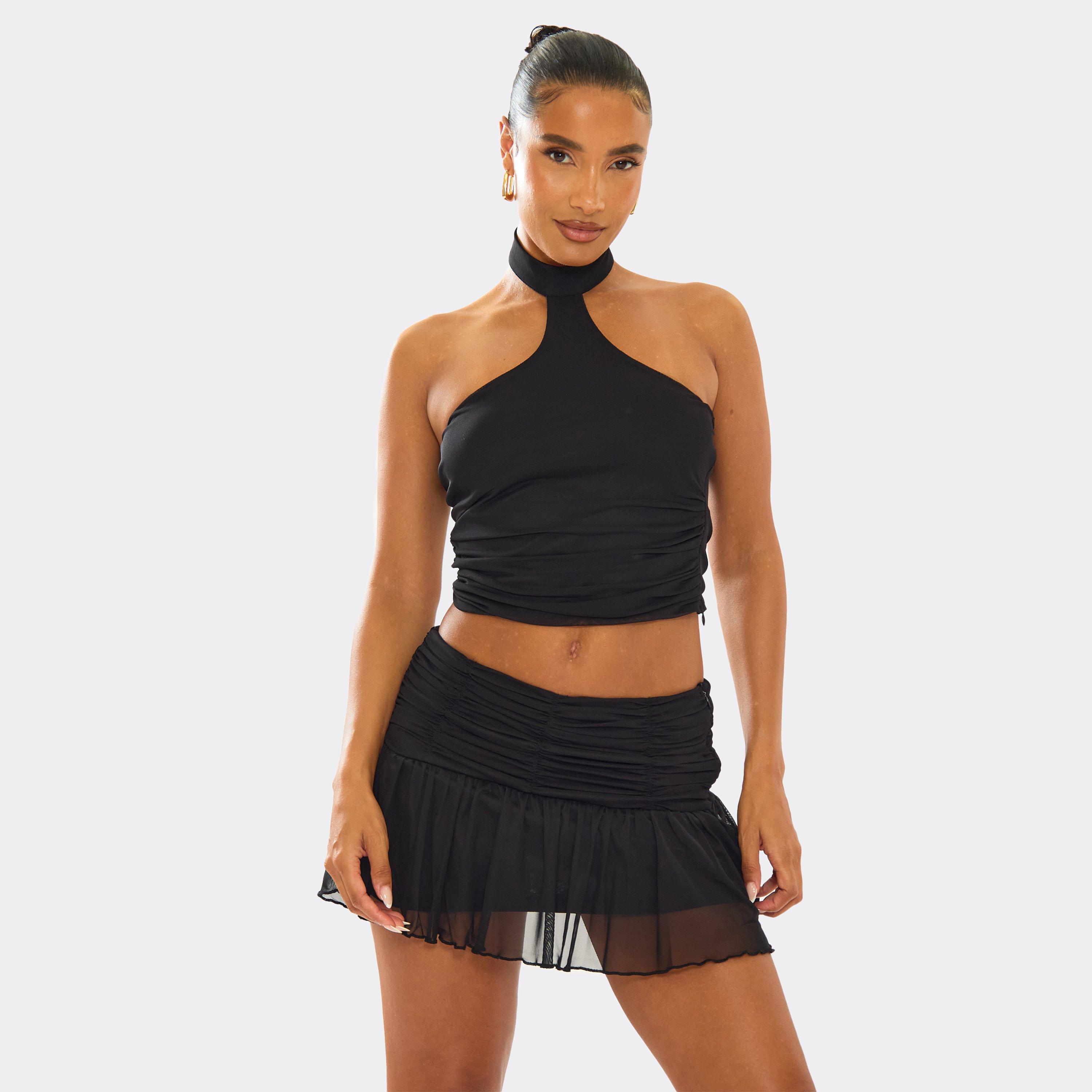 Choker Neck Ruched Crop Top In Black Mesh, Women's Size UK 10