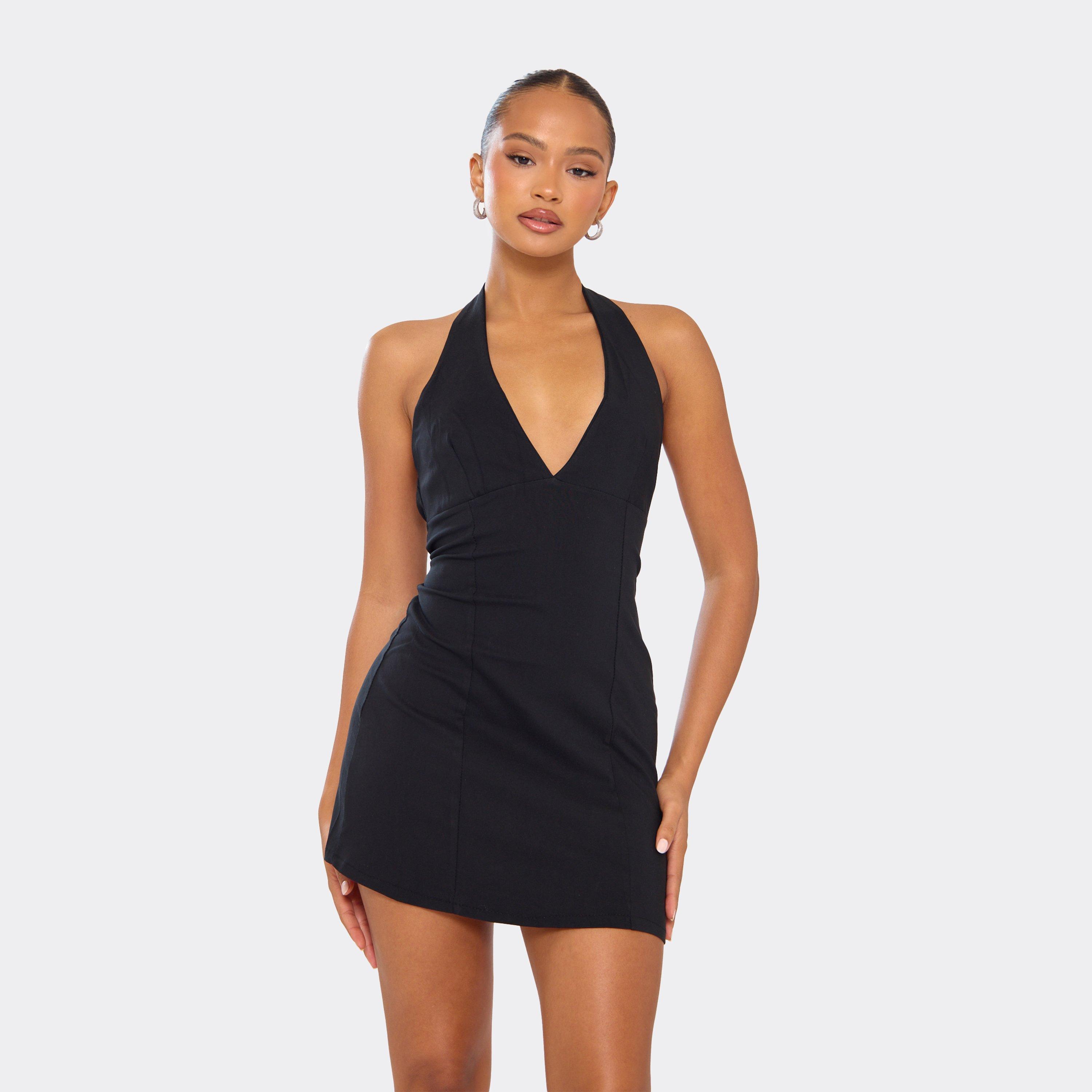 Plunge Halterneck Tailored Detail Mini Dress In Black, Women’s