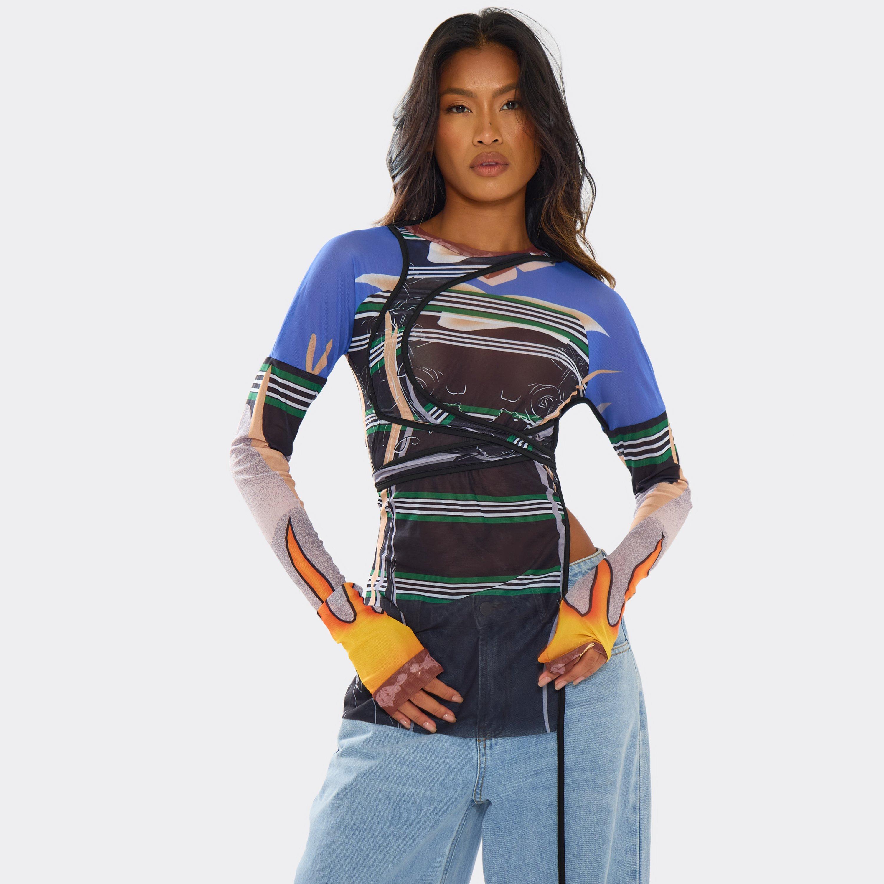 Image of Long Sleeve Side Split Detail Top In Multi Abstract Print Mesh, Women's Size UK S