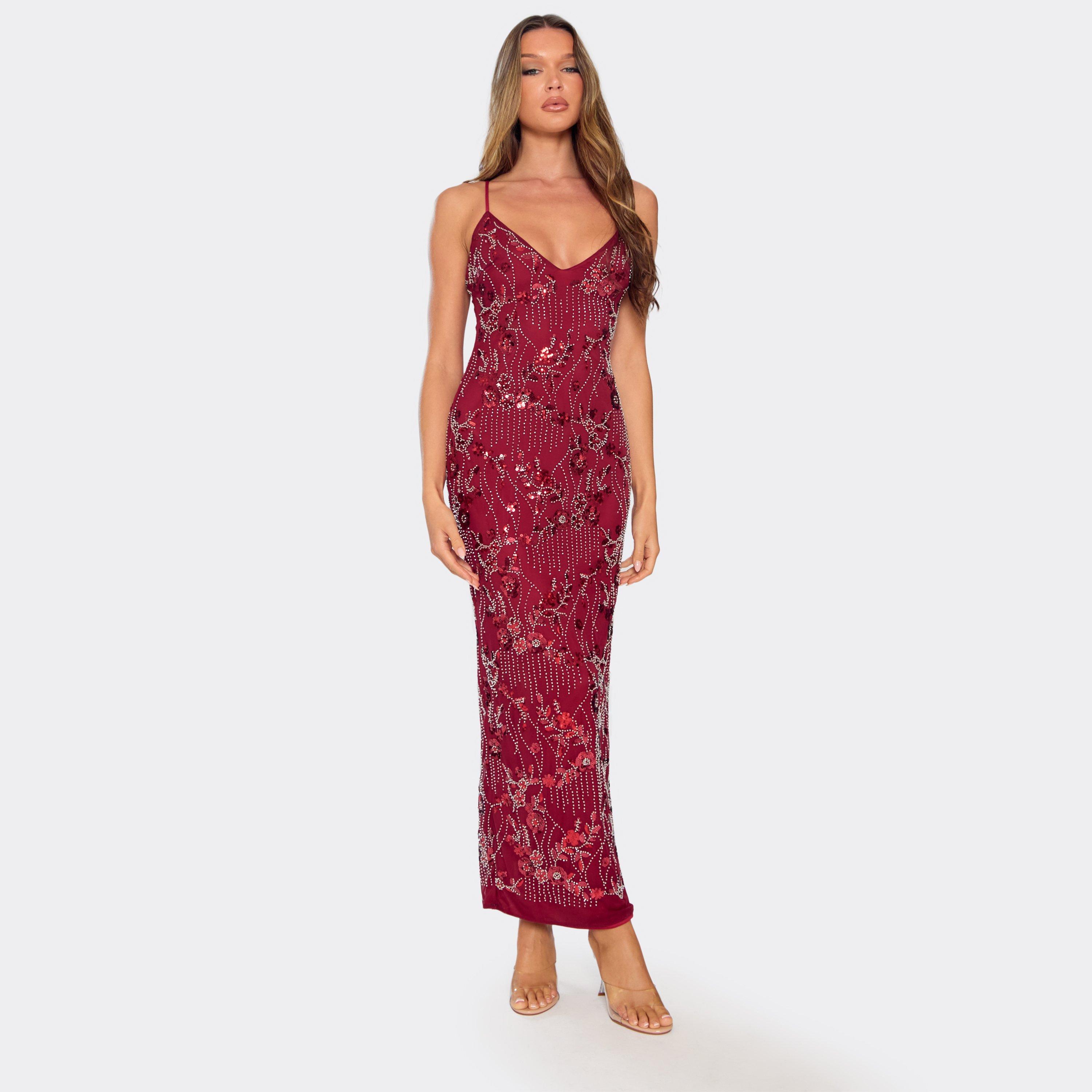 Strappy Plunge Front Embellished Detail Maxi Dress In Burgundy Sequin, Women's Size UK 6