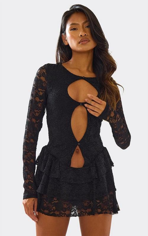 Plunge Frill Detail Mini Dress In Black Lace | EGO US | EGO