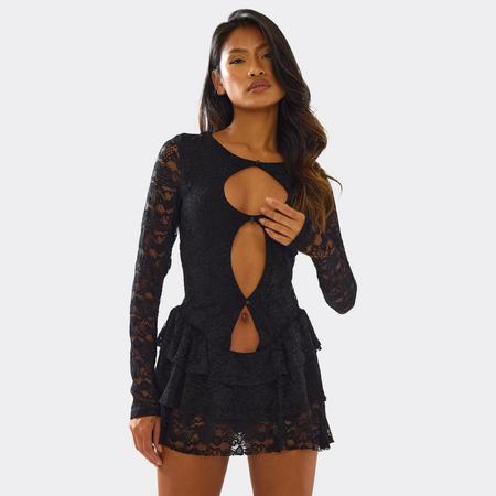 Long Sleeve Cut Out Front Layered Frill Hem Detail Mini Dress In Black Lace, Women's Size US