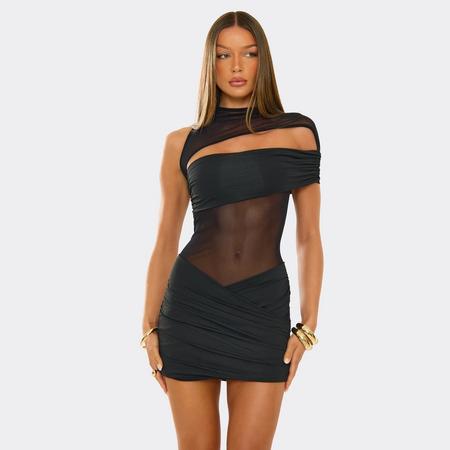 High Neck One Shoulder Cut Out Front Mini Dress In Black, Women's Size US