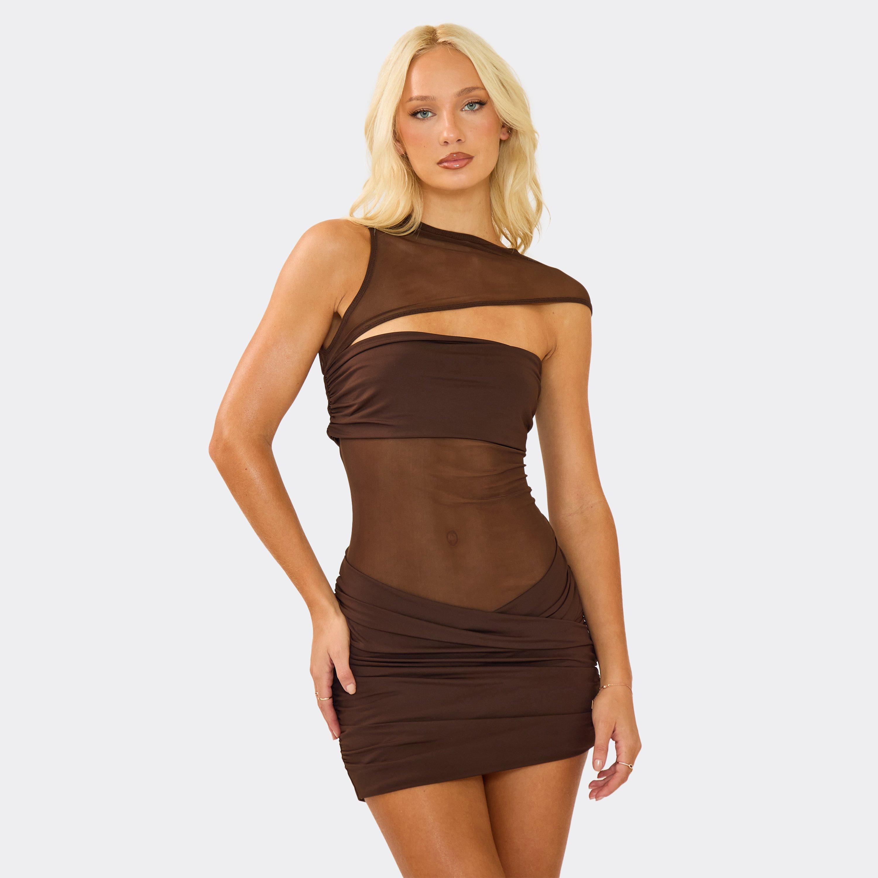 High Neck One Shoulder Cut Out Front Mini Dress In Chocolate Brown, Women’s