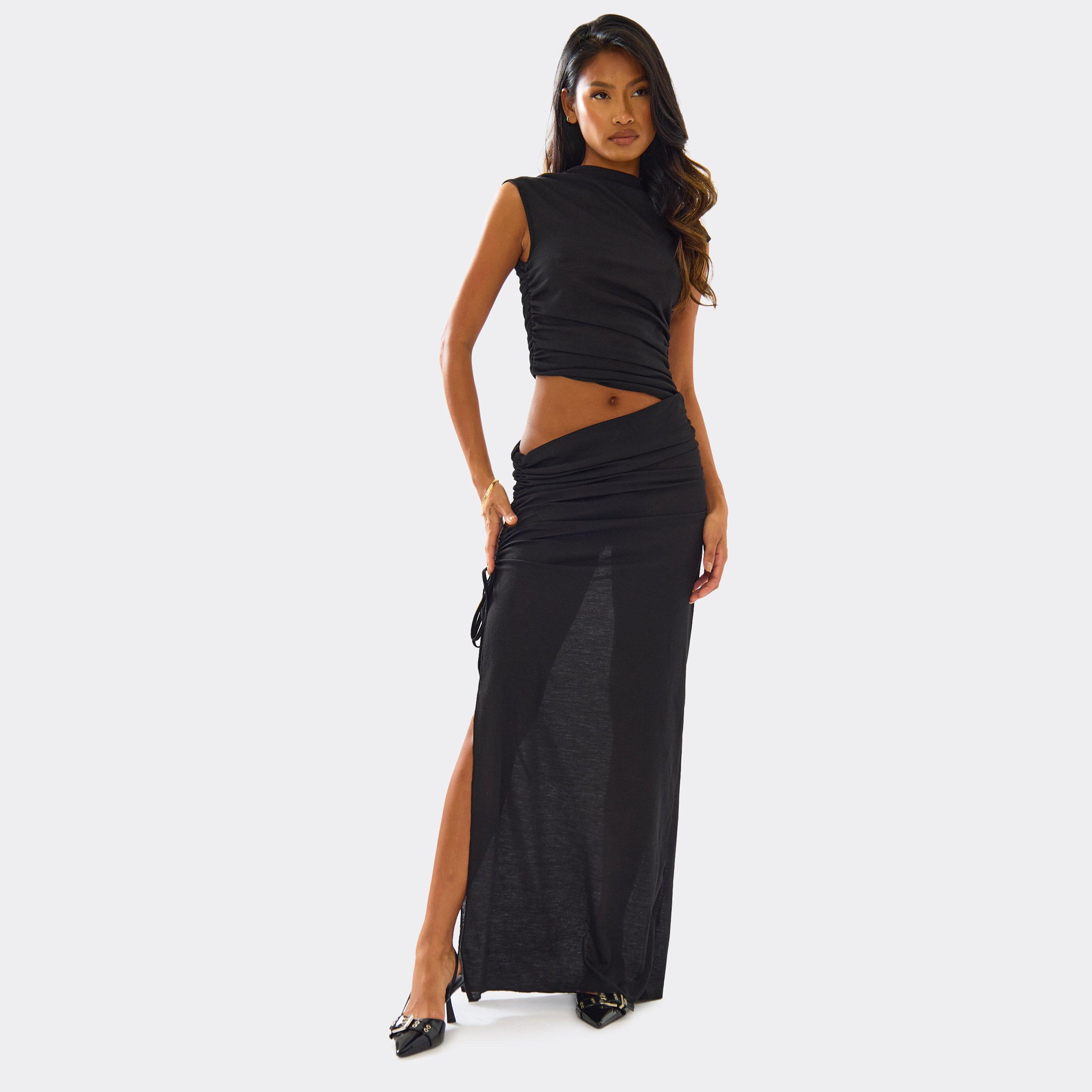 High Neck Ruched Cut Out Detail Maxi Dress In Black, Women’s