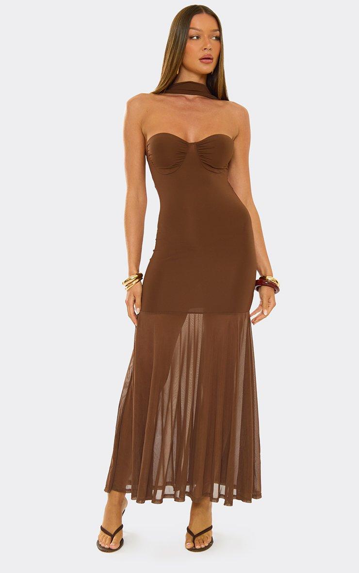 Bandeau Choker Ruched Bust Contrast Frilled Hem Maxi Dress In Chocolate