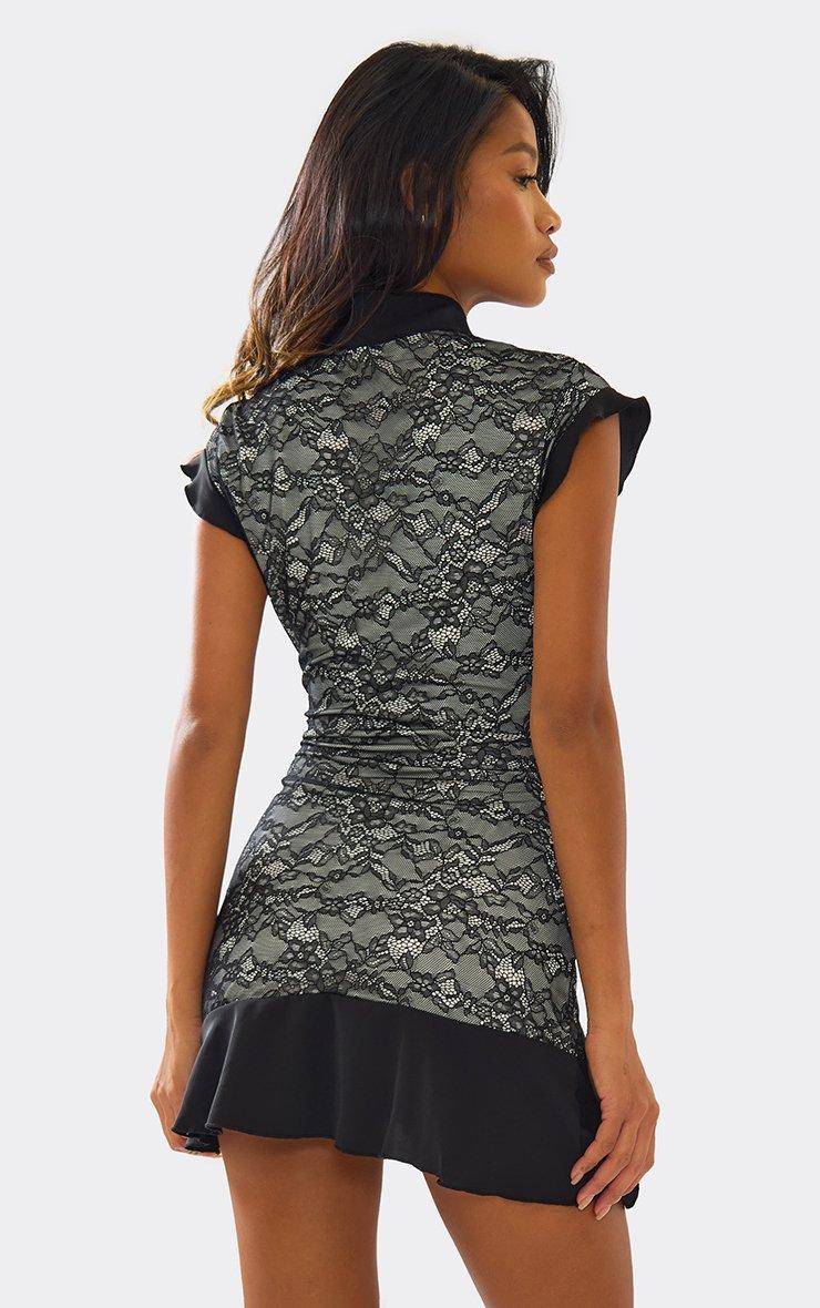 Cap Sleeve Cut Out Tie Neck Frilled Detail Mini Dress In Black Lace | EGO  EU | EGO