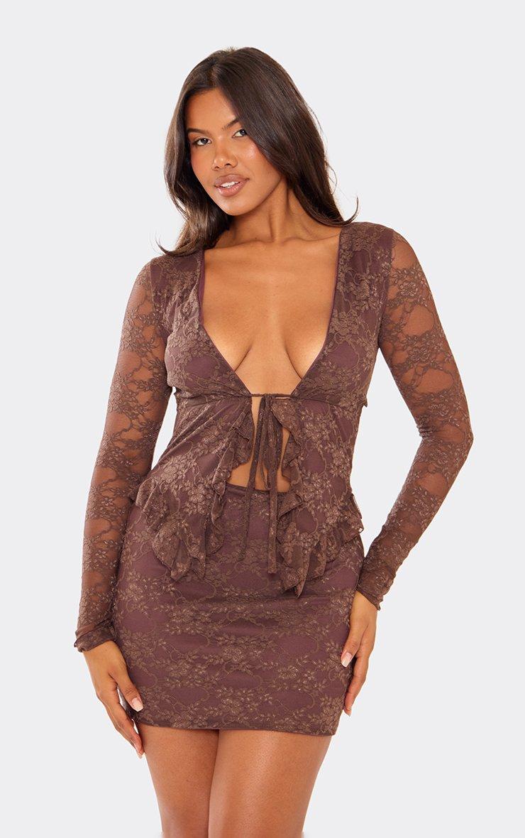 Long Sleeve Tie Front Frilled Mini Dress In Brown Lace | EGO US | EGO