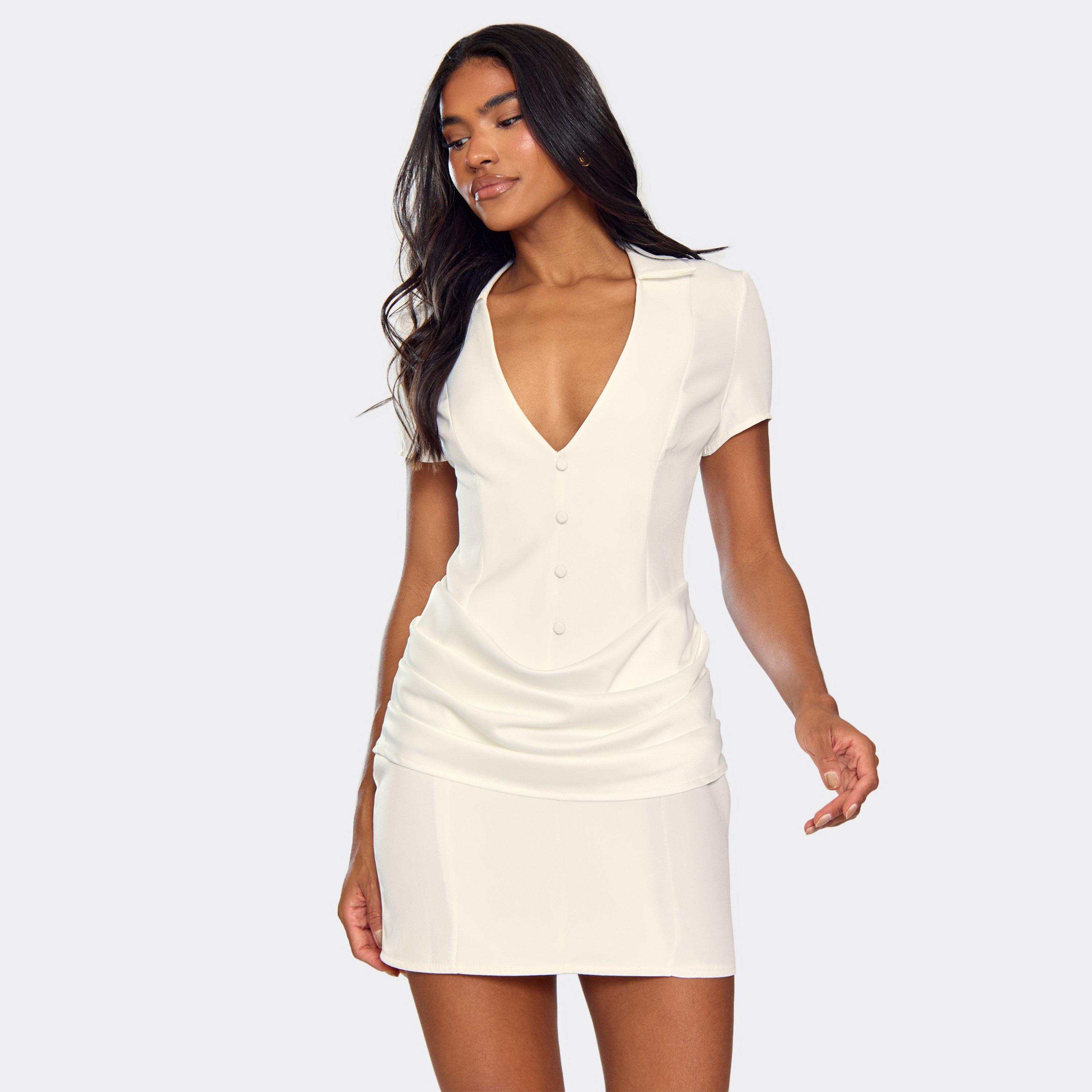 Short Sleeve Plunge Neck Drape Panel Detail Blazer Dress In White, Women's Size UK 8