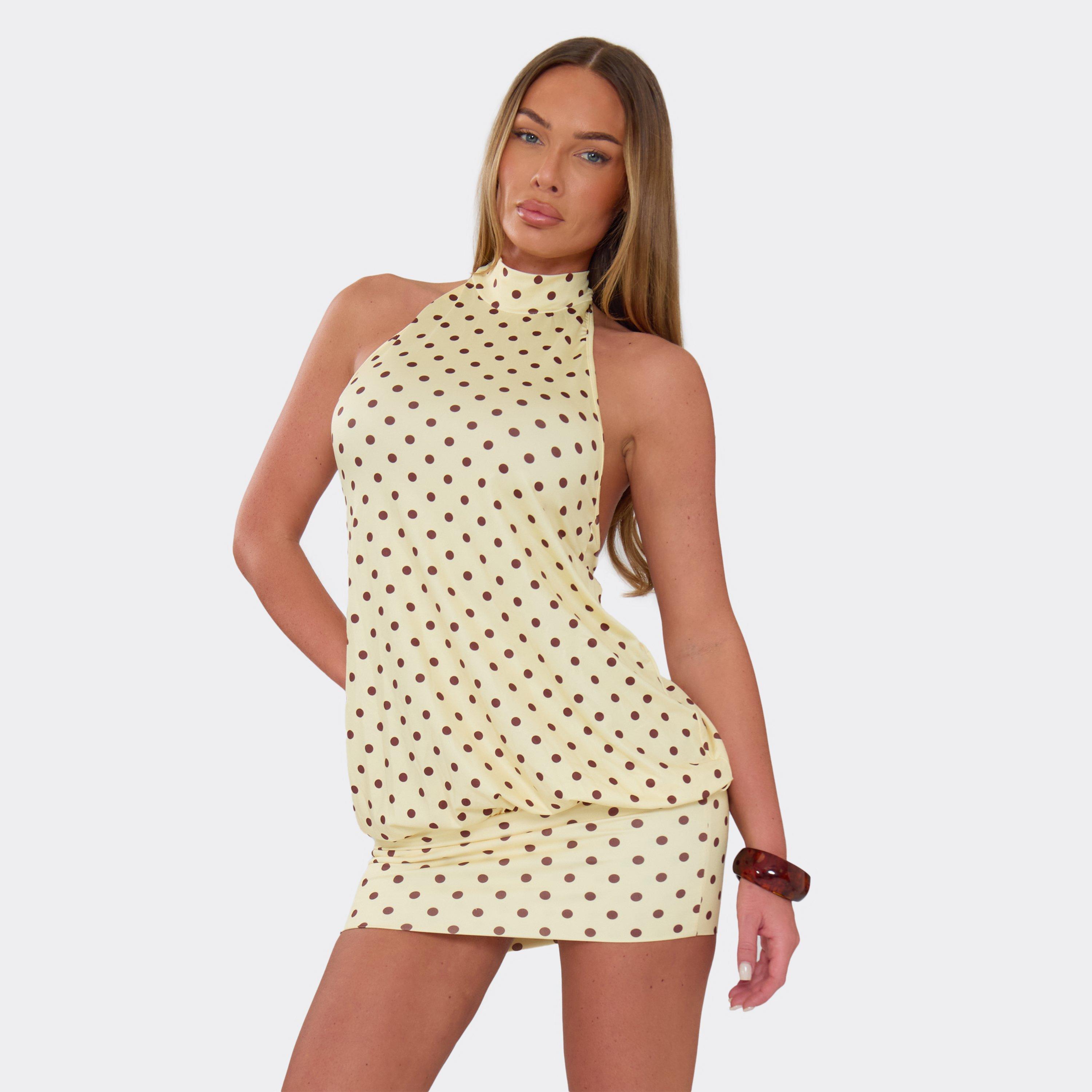 High Neck Open Back Mini Dress In Yellow Polka Dot, Women's Size UK M