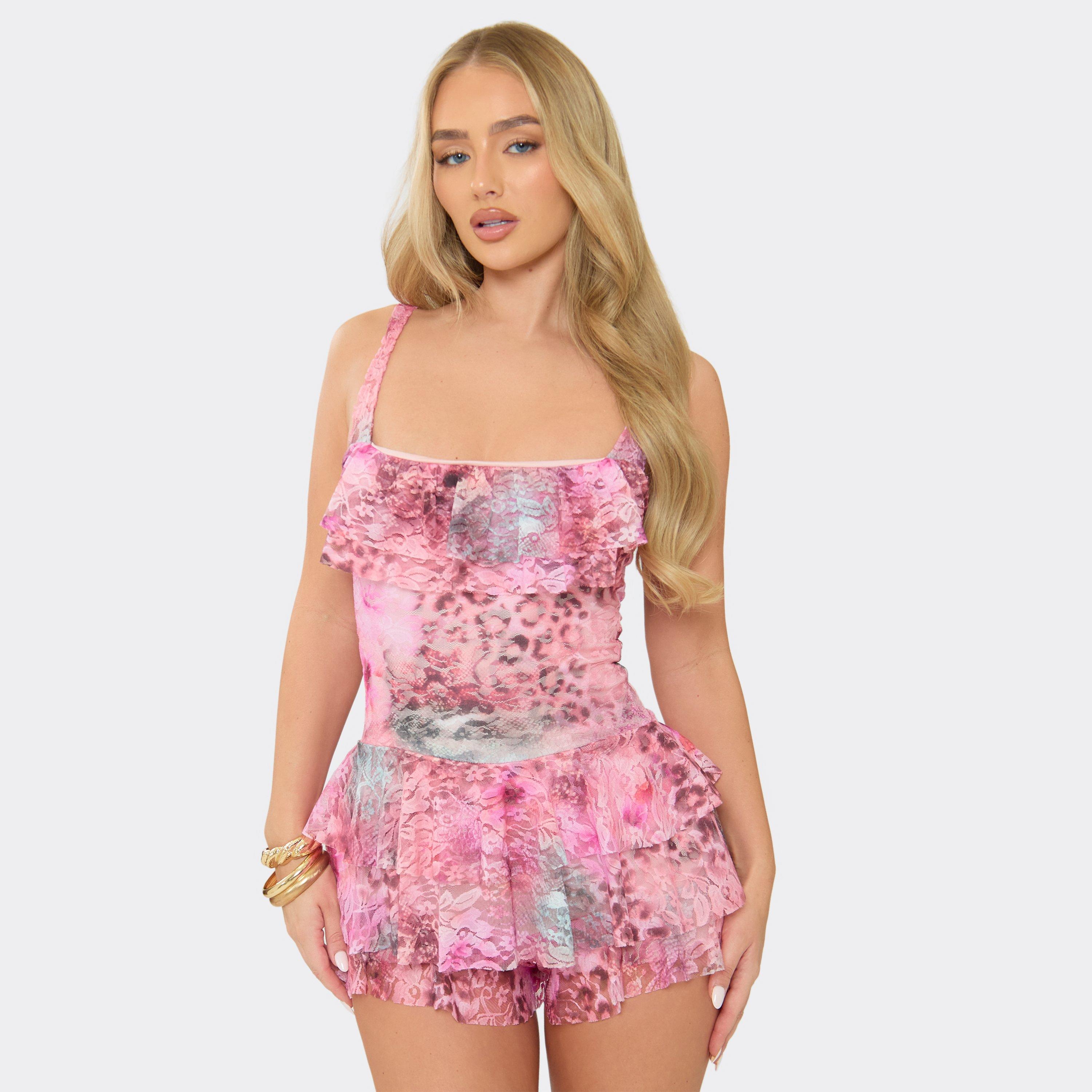 Image of Square Neck Ruffle Detail Playsuit In Pink Animal Print Lace, Women's