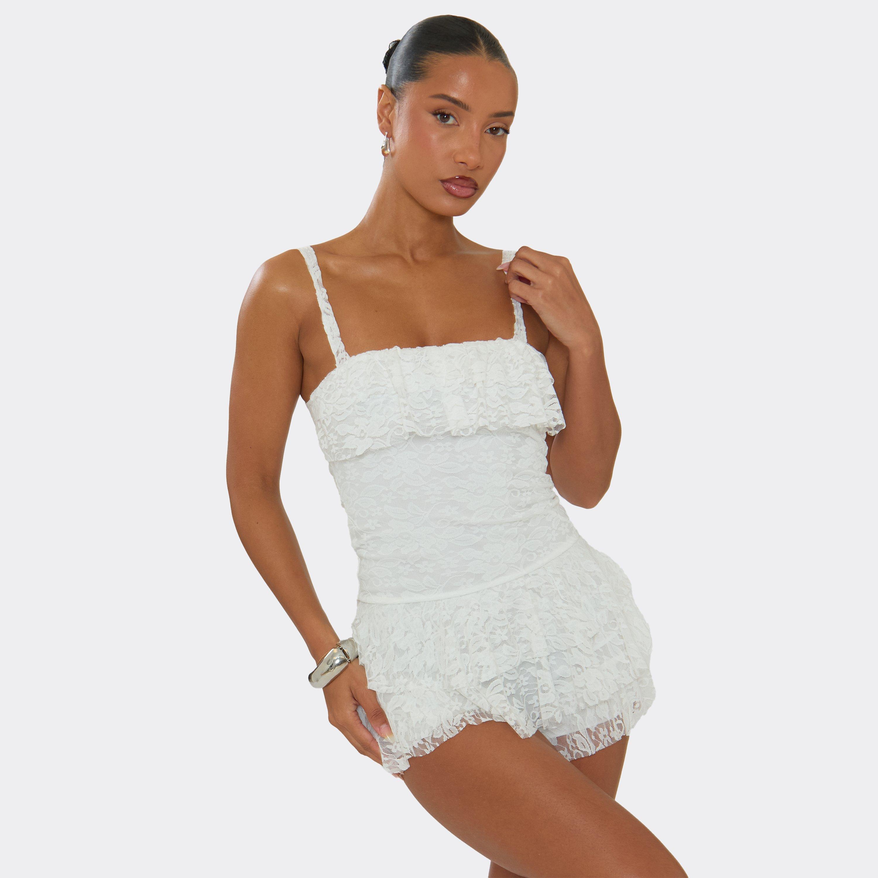 Image of Square Neck Ruffle Detail Playsuit In White Lace, Women's