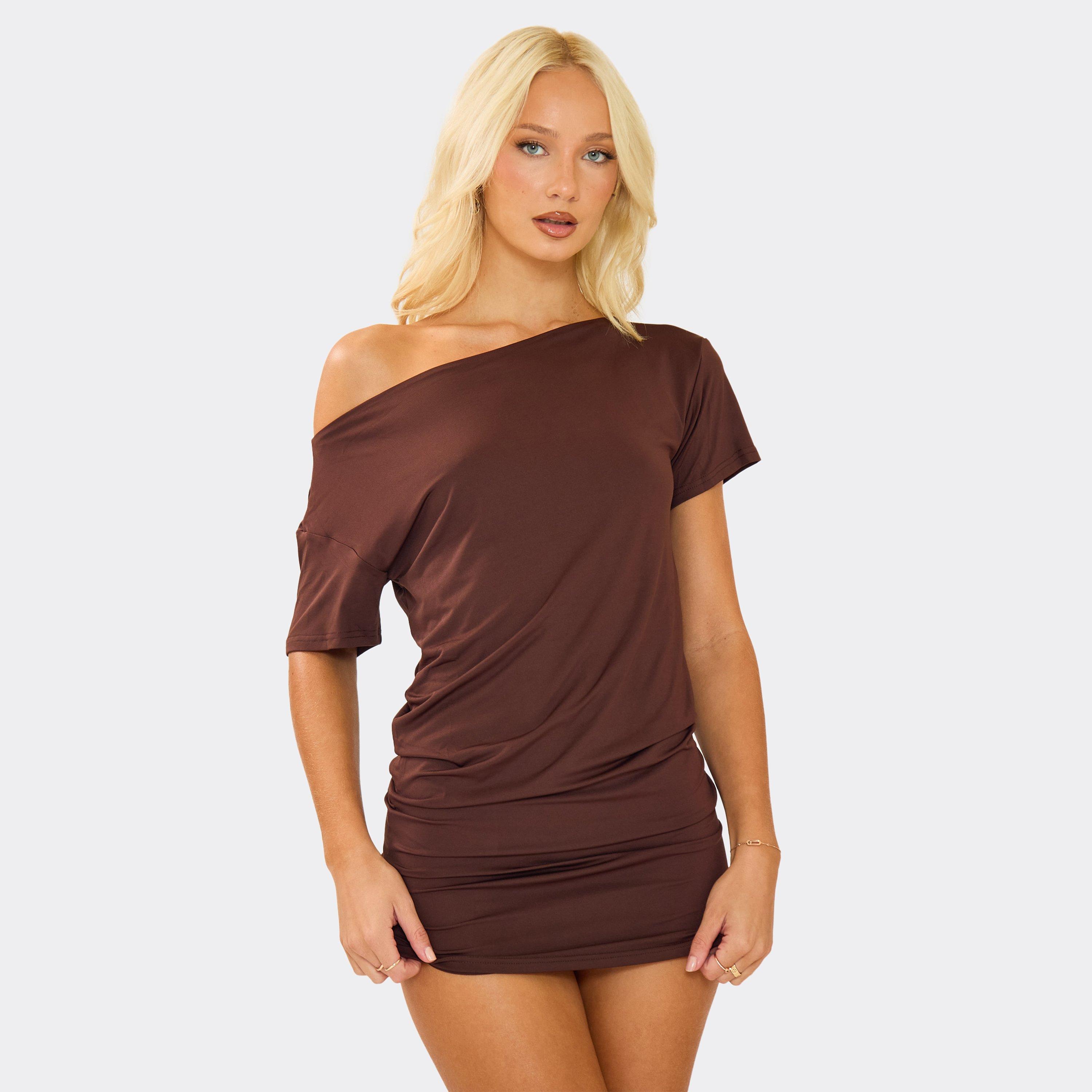 Asymmetric Short Sleeve Ruched Detail Mini Dress In Chocolate Brown, Women’s