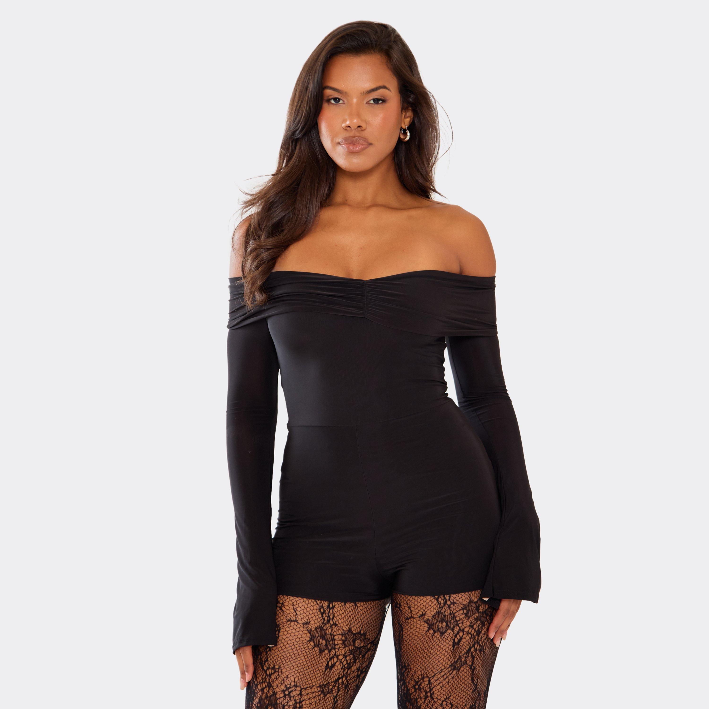 Image of Long Flared Sleeve Bardot Ruched Front Playsuit In Black, Women's