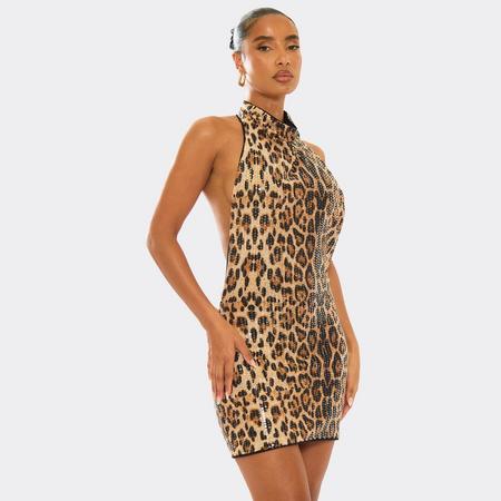 High Cowl Neck Open Back Detail Mini Dress In Brown Leopard Print Sequin, Women's Size US