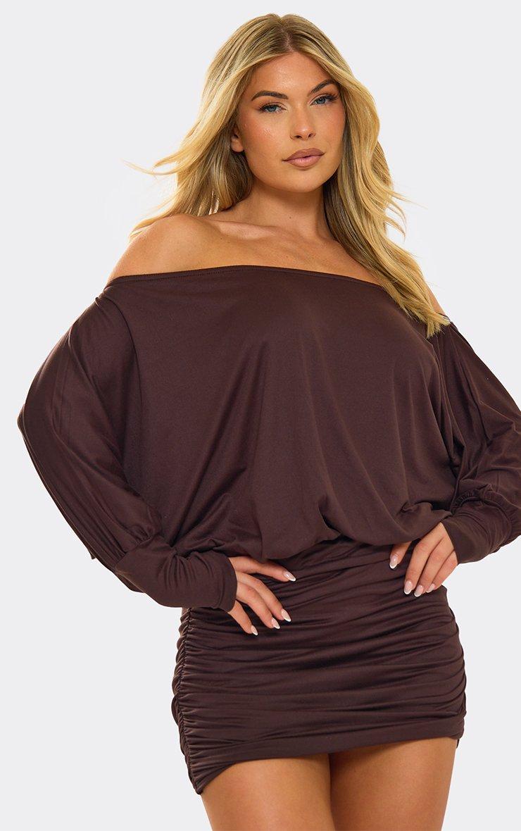 long sleeve ruched mini dress ASOS DESIGN side in burgundy perfect for parties Long Sleeve Off The Shoulder