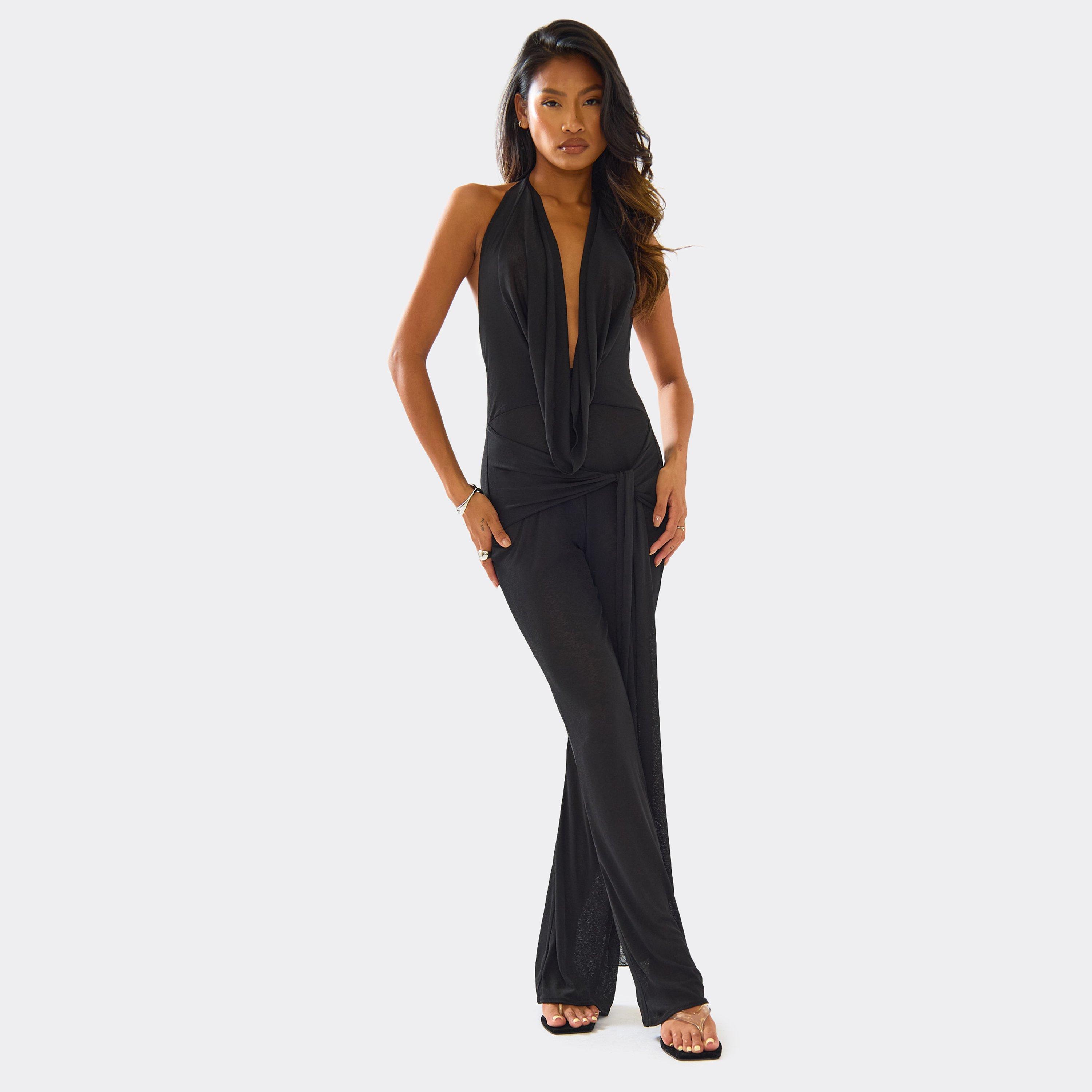 Image of Halterneck Cowl Neck Drape Detail Jumpsuit In Black, Women's