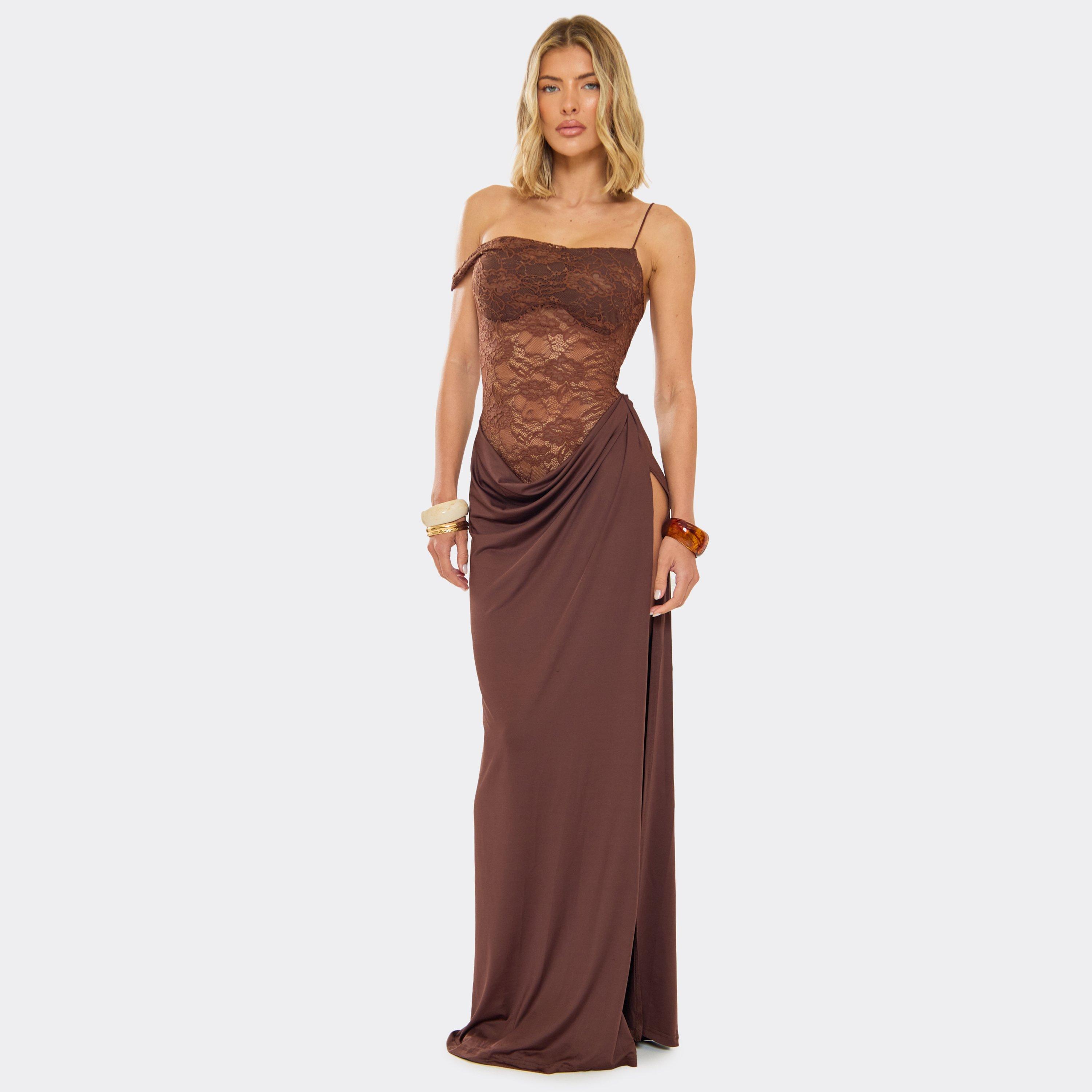 Strappy One Shoulder Contrast Lace Cowl Waist Detail Maxi Dress In Chocolate Brown, Women's Size UK S