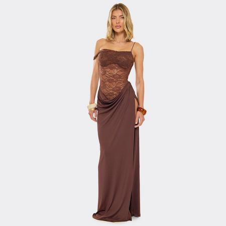 Strappy One Shoulder Contrast Lace Cowl Waist Detail Maxi Dress In Chocolate Brown, Women's Size US
