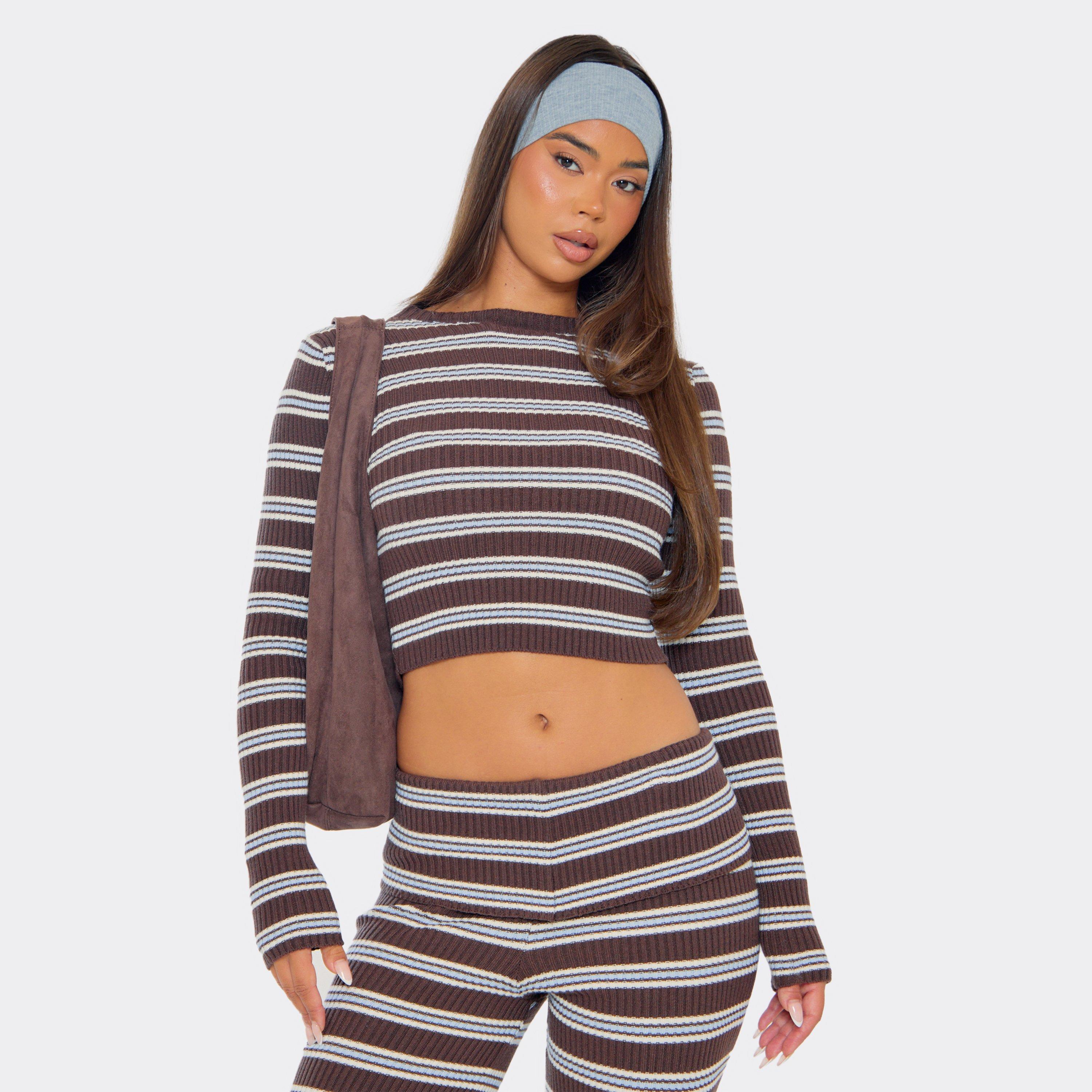 Long Sleeve Crew Neck Fitted Top In Brown And Blue Stripe Rib Knit, Women's Size UK L