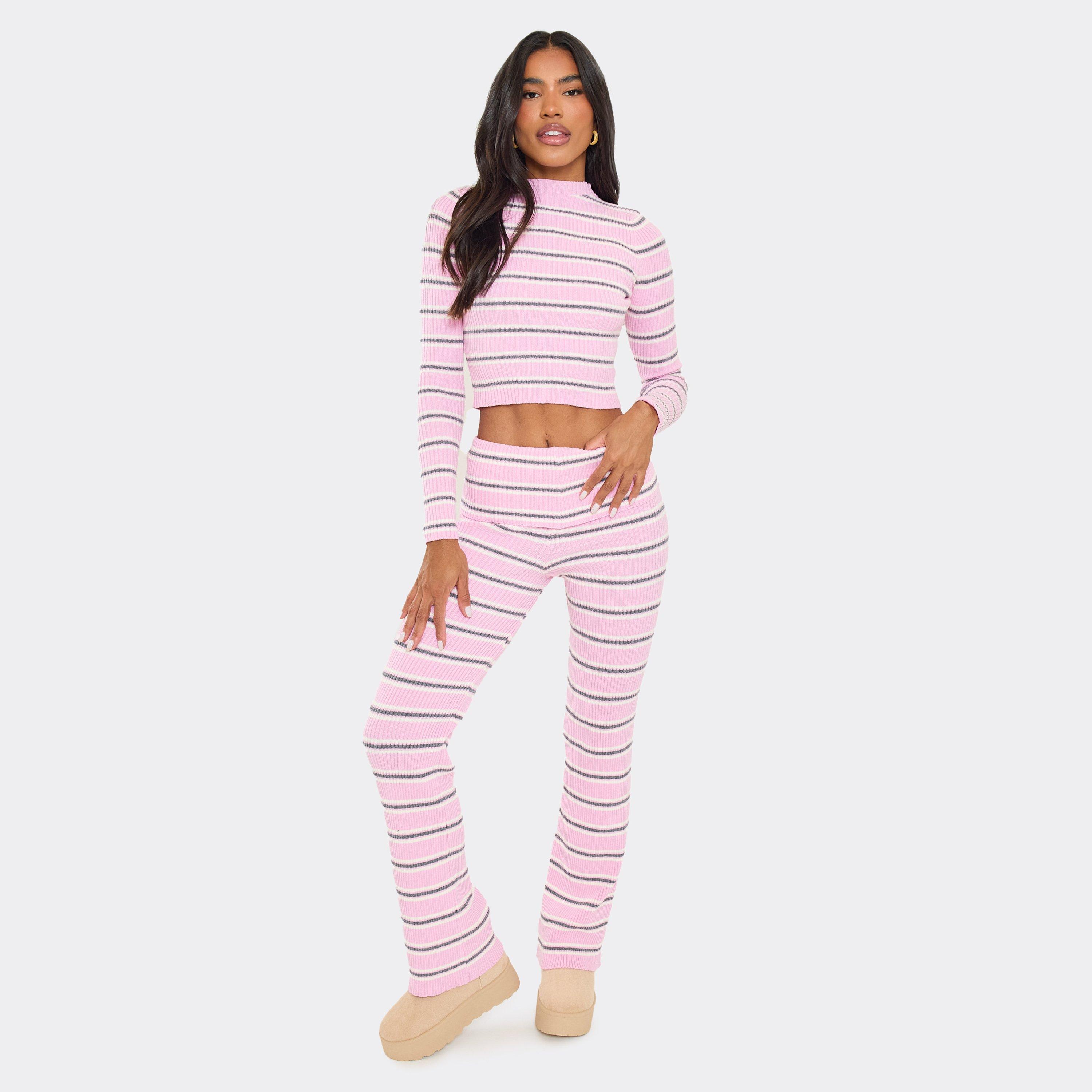 Image of Fold Over Trousers In Pink And Grey Stripe Rib Knit, Women's Size UK L
