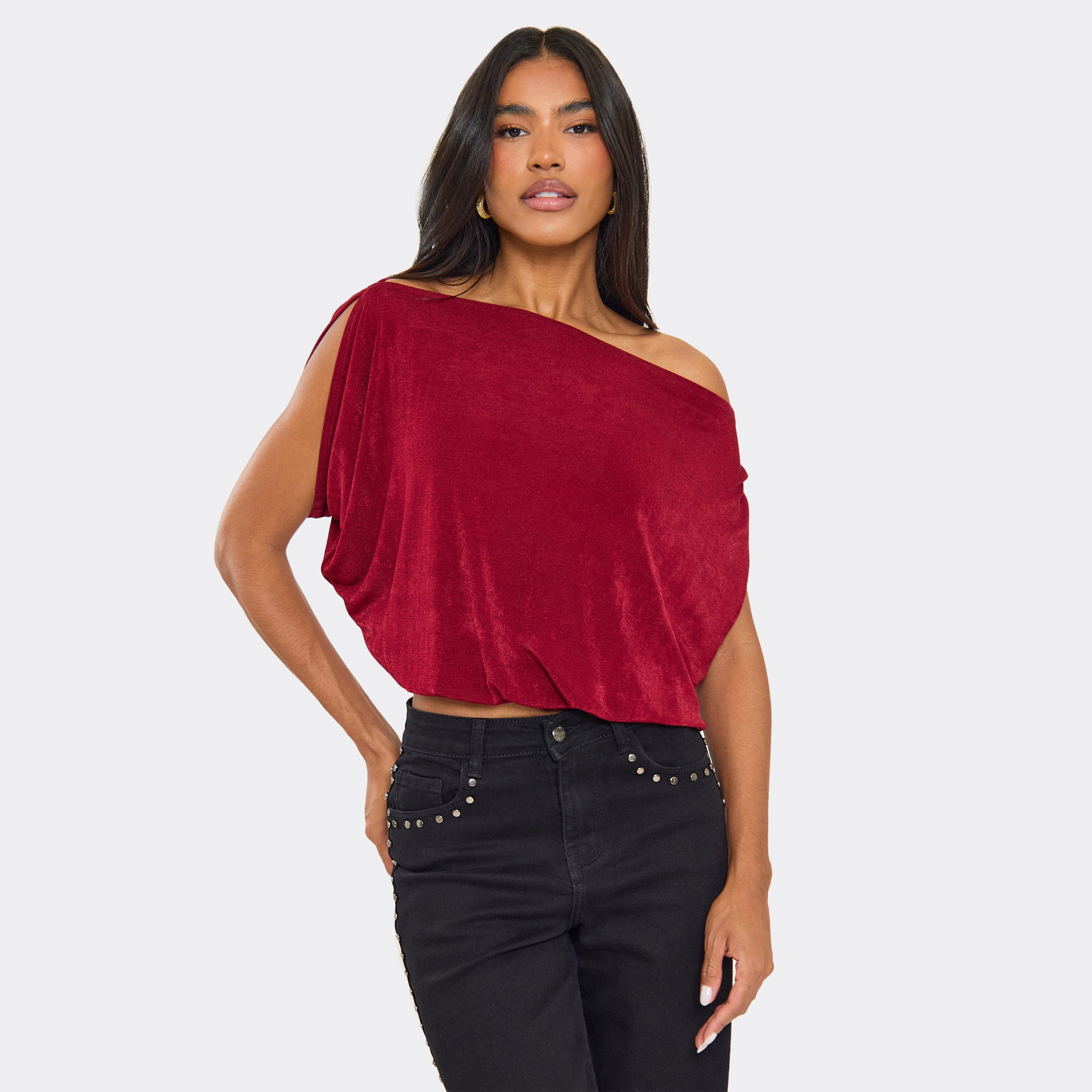 Off The Shoulder Drape Detail Top In Burgundy, Women's Size UK 14