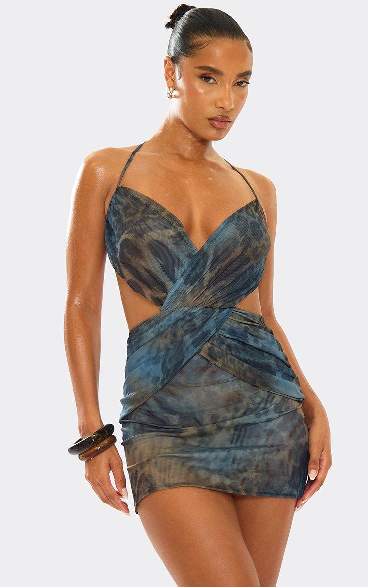 Square Neck Lace Trim Mini Bodycon Dress In Blue Gingham