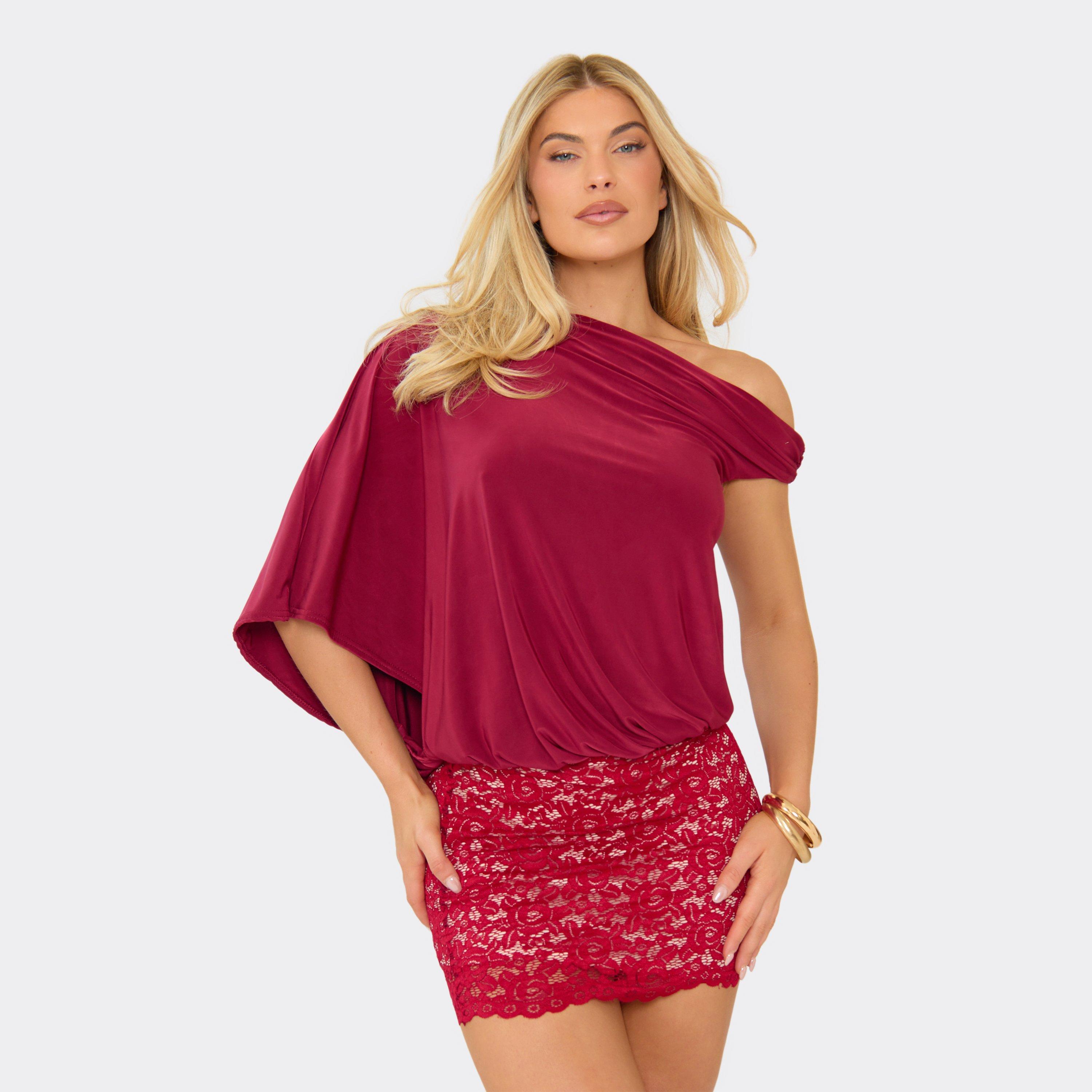 Asymmetric Shoulder Contrast Lace Skirt Detail Mini Dress In Burgundy, Women's Size UK 10