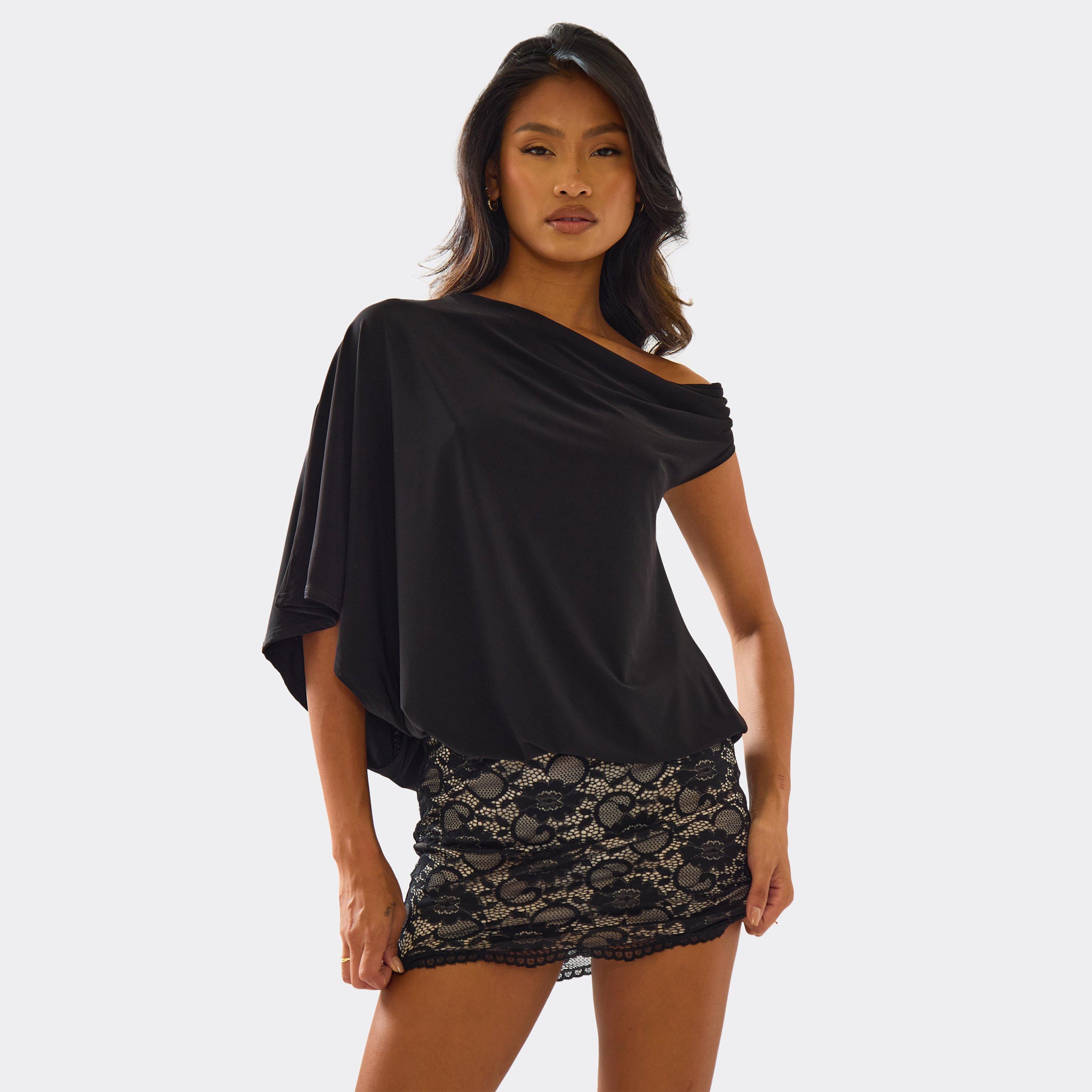 Asymmetric Shoulder Contrast Lace Skirt Detail Mini Dress In Black, Women’s