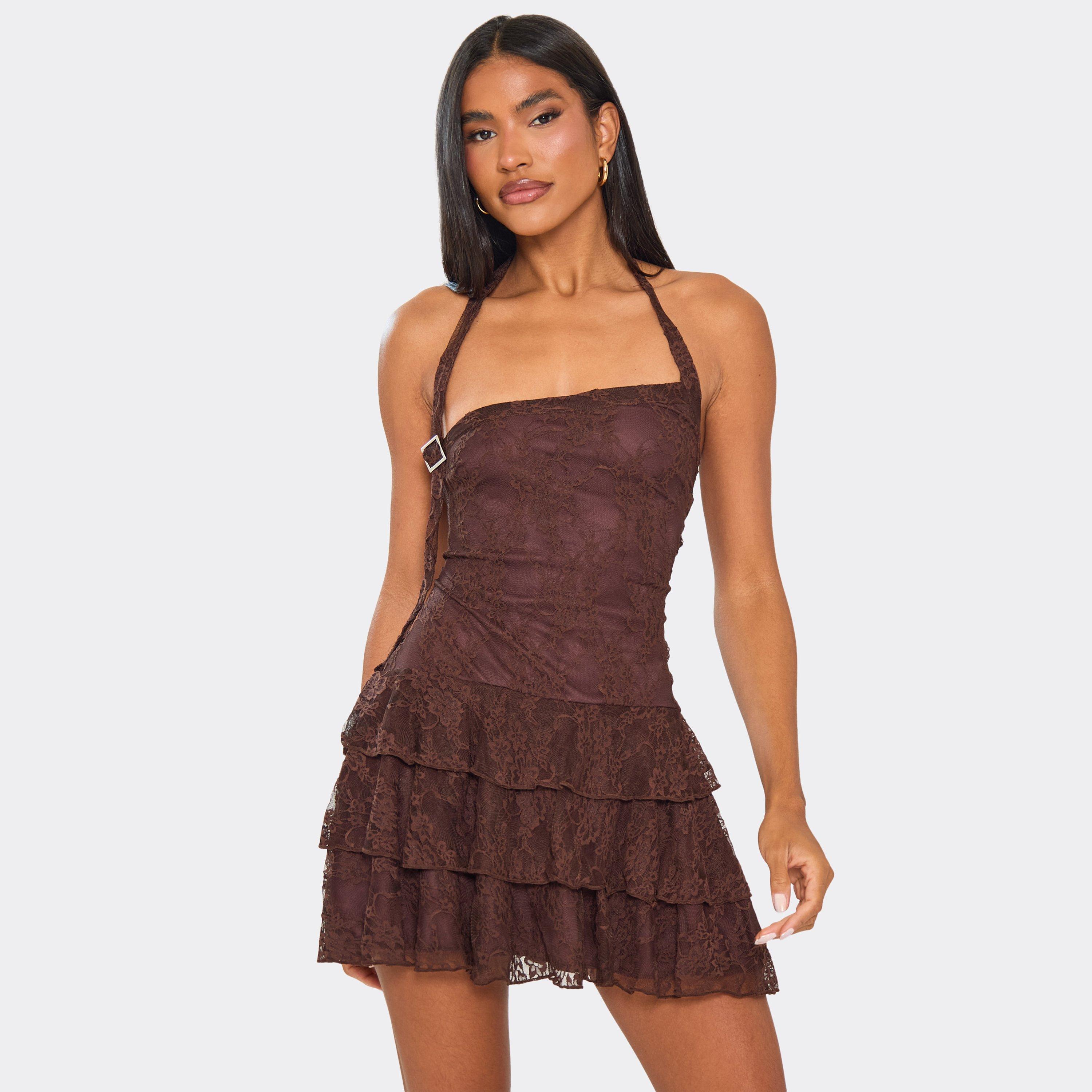 Halterneck Strap Ruffle Detail Mini Dress In Chocolate Brown Lace, Women’s