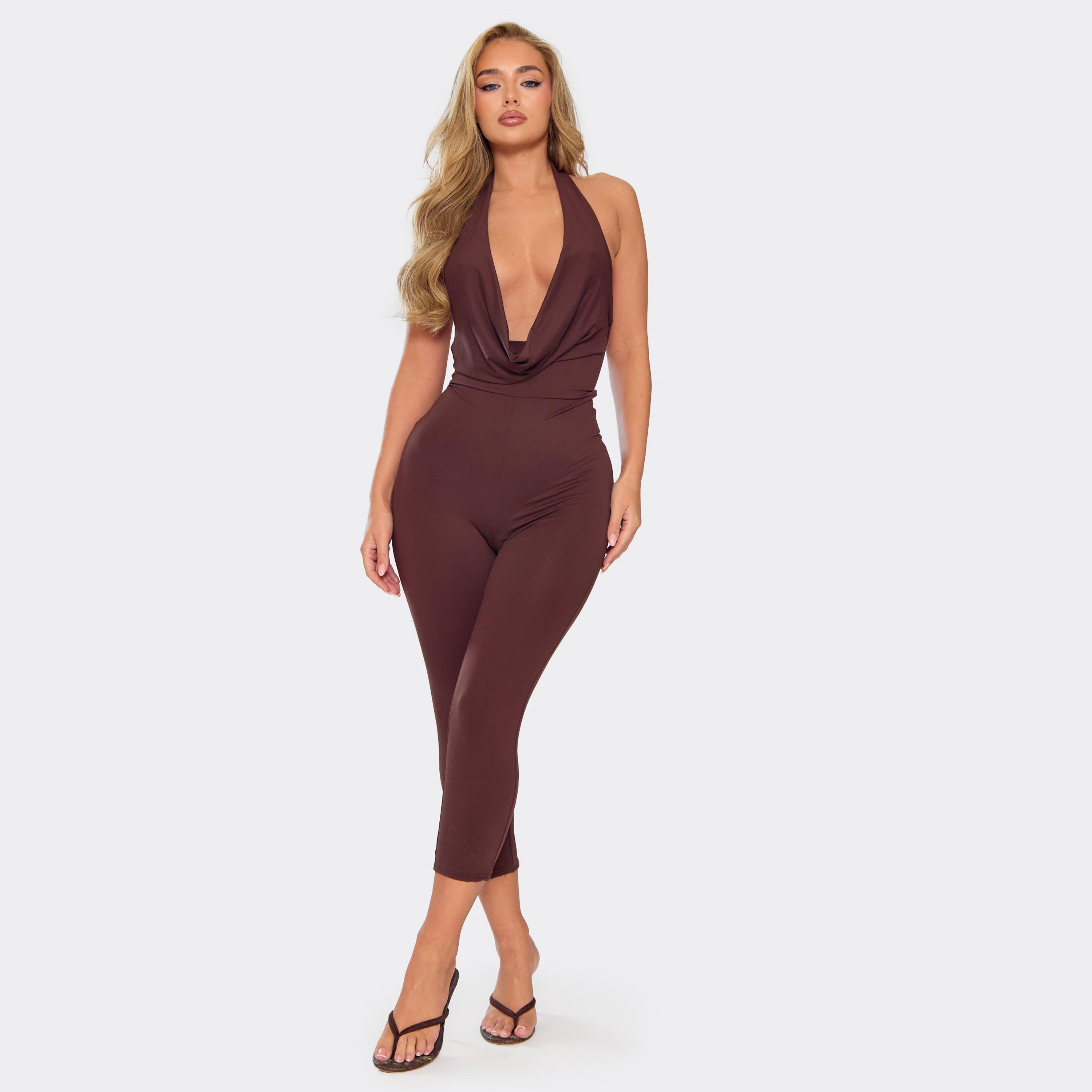 Image of Plunge Halterneck Cowl Capri Jumpsuit In Chocolate Brown, Women's