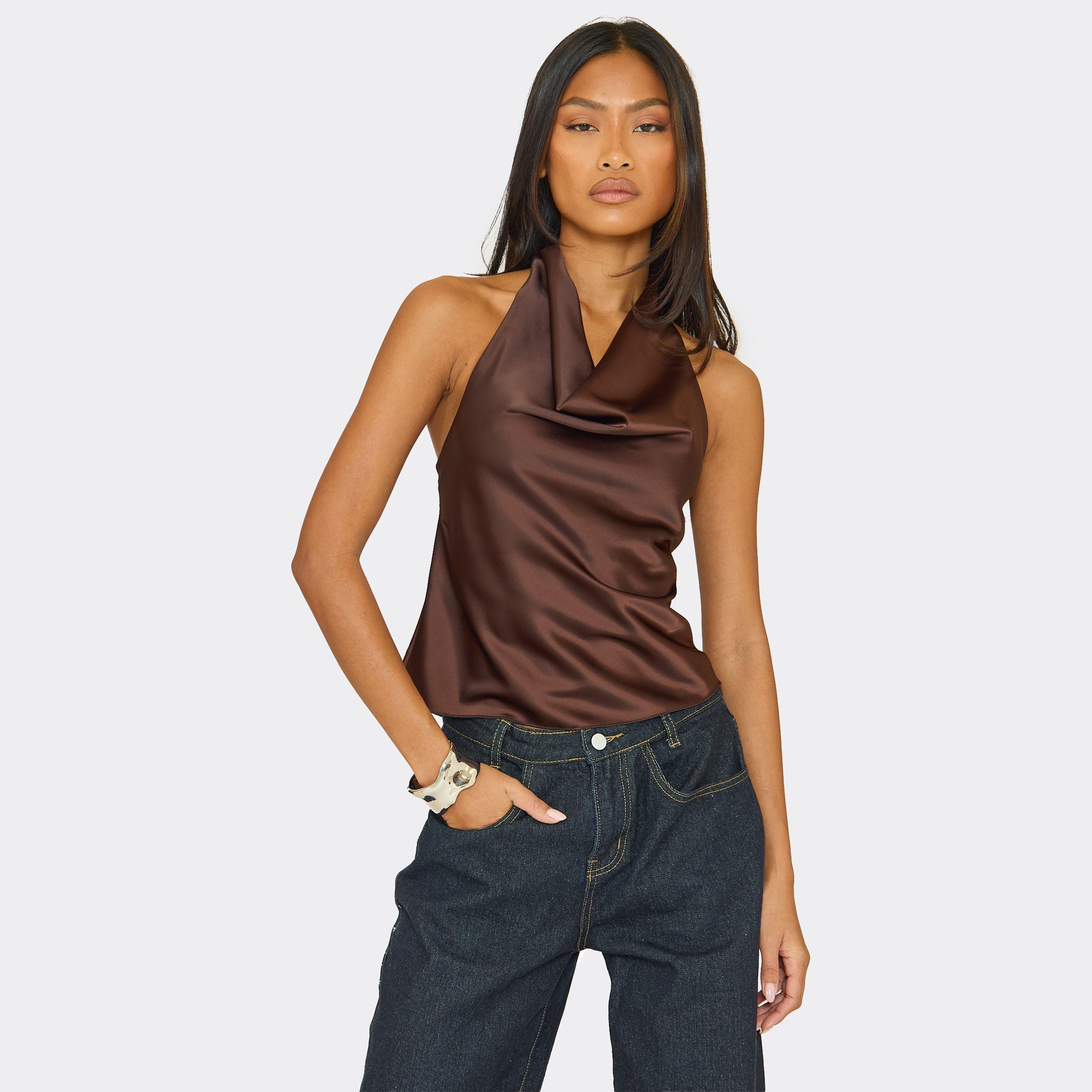 Image of Sleeveless Cowl Neck Open Back Detail Top In Chocolate Brown, Women's