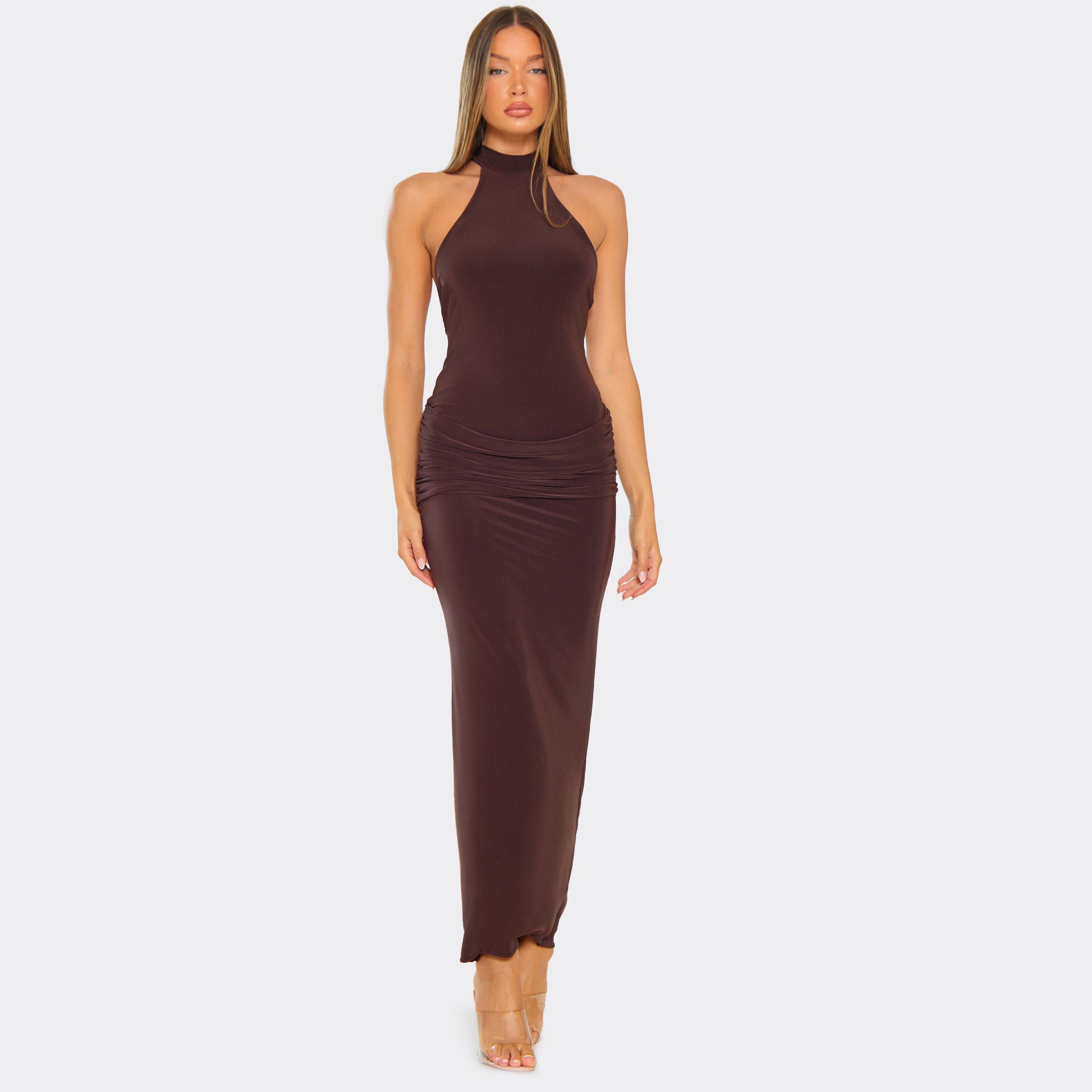 Hight Neck Ruched Draping Detail Maxi Dress In Chocolate Brown, Women's Size UK 10