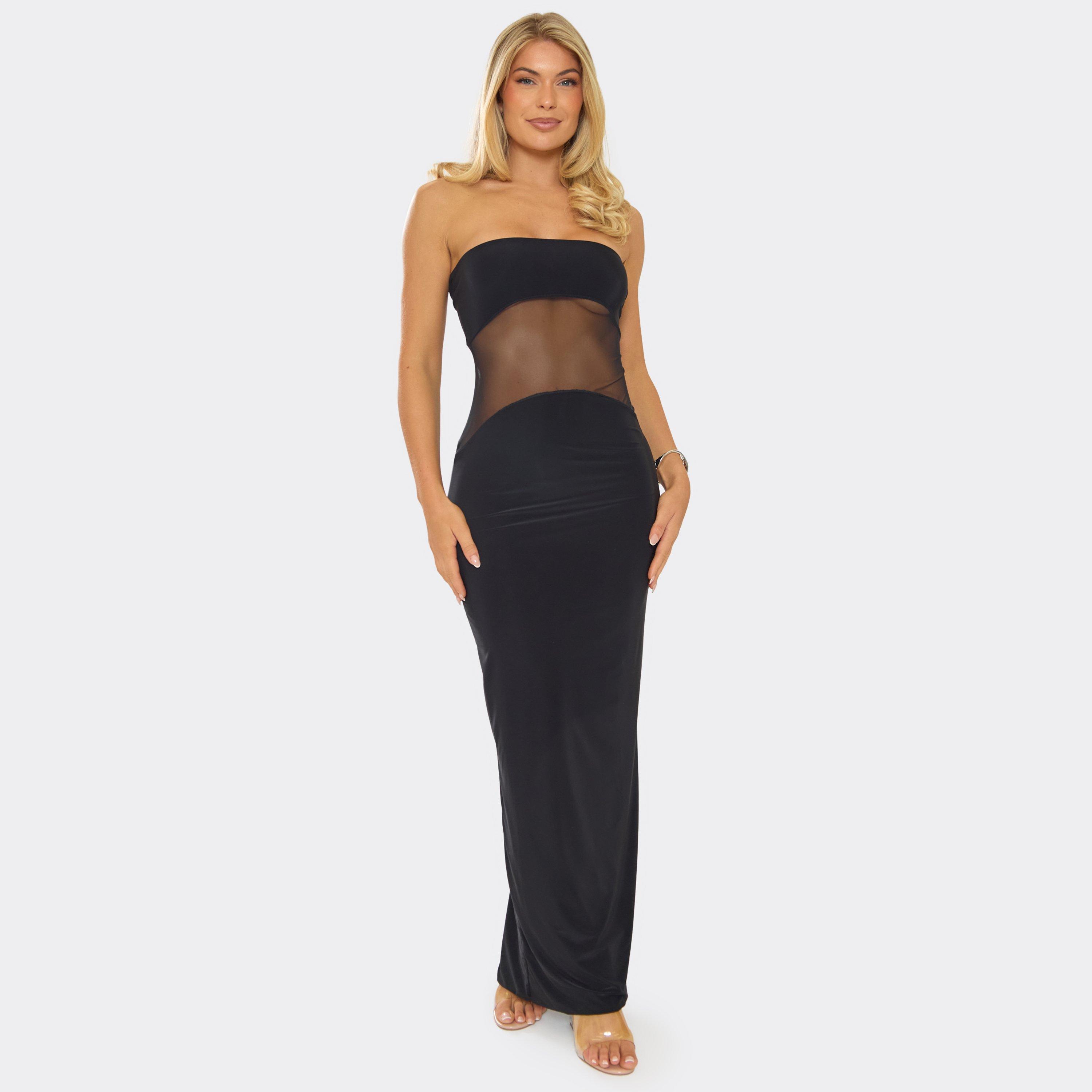 Bandeau Mesh Insert Detail Maxi Dress In Black, Women's Size UK 14