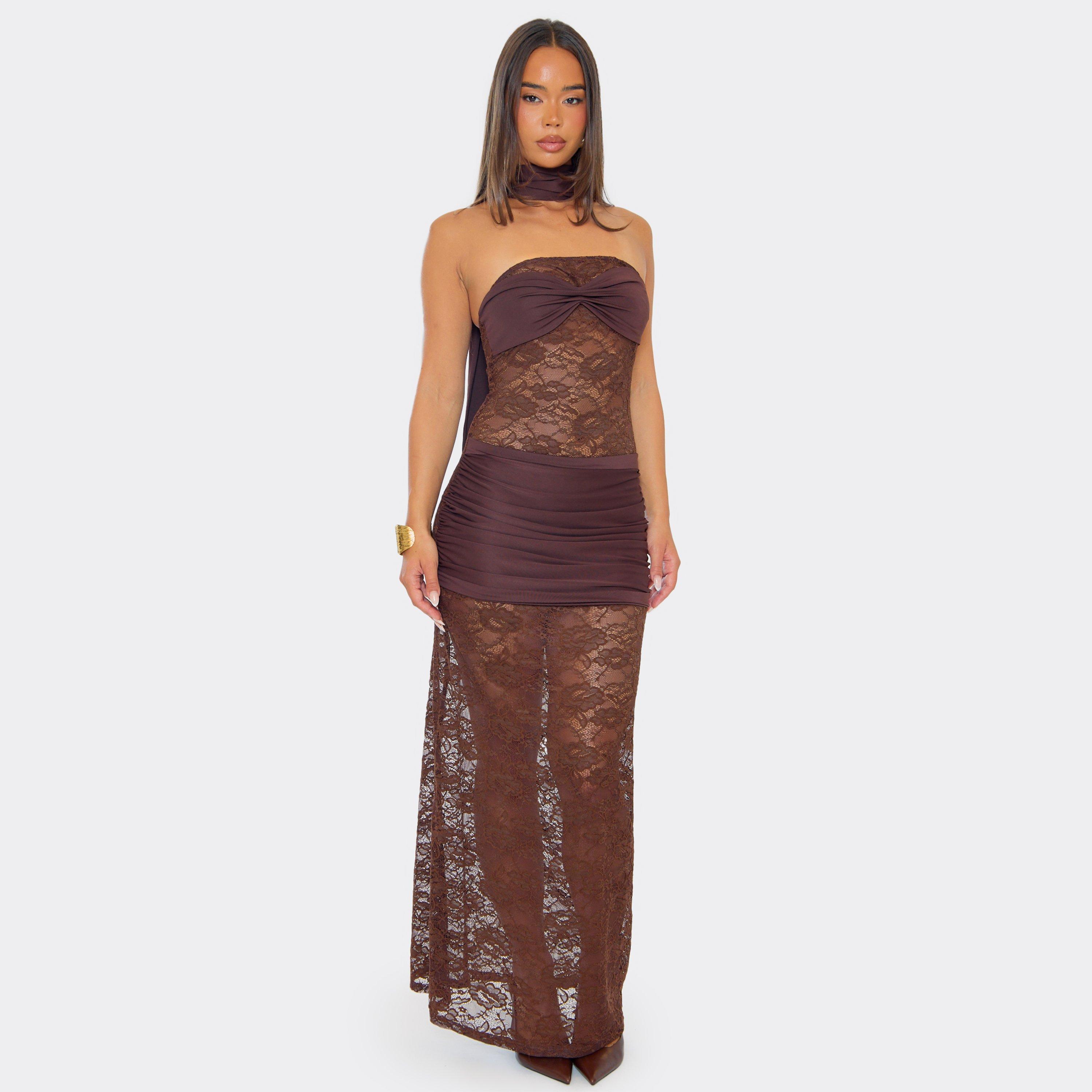Scarf Detail Twist Bust Contrast Lace Maxi Dress In Chocolate Brown, Women’s
