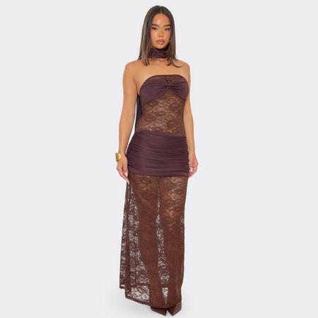 Scarf Detail Twist Bust Contrast Lace Maxi Dress In Chocolate Brown, Women's Size US