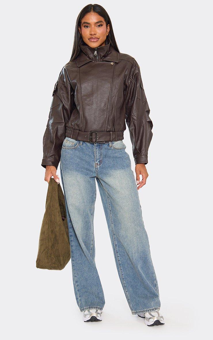 Long Sleeve Belted Biker Jacket In Chocolate Brown Faux Leather
