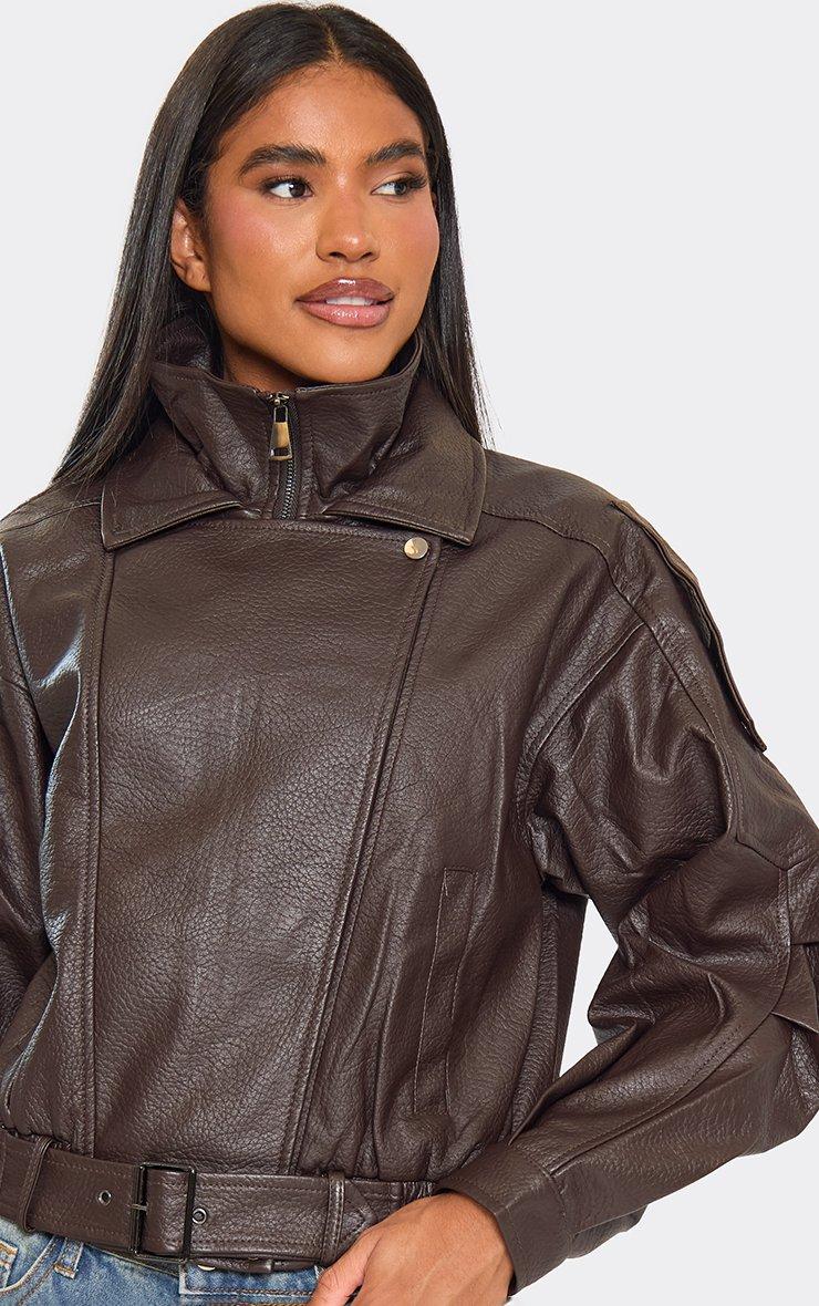 Long Sleeve Belted Biker Jacket In Chocolate Brown Faux Leather