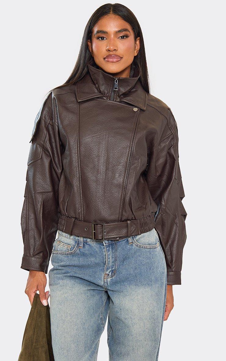 Long Sleeve Belted Biker Jacket In Chocolate Brown Faux Leather