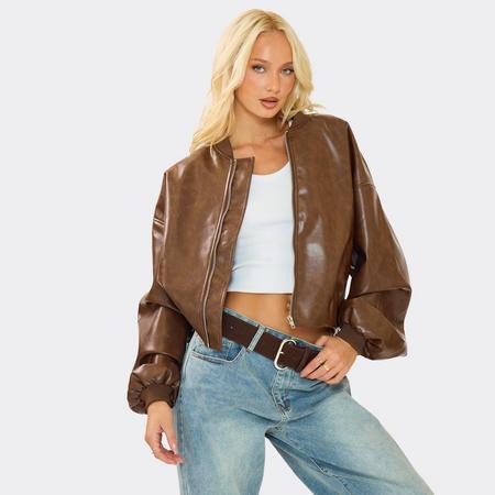 Long Sleeve Zip Front Bomber Jacket In Chocolate Brown Faux Leather, Women's Size US