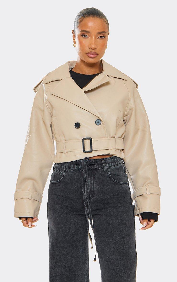 Long Sleeve Button Front Belted Cropped Trench Jacket In