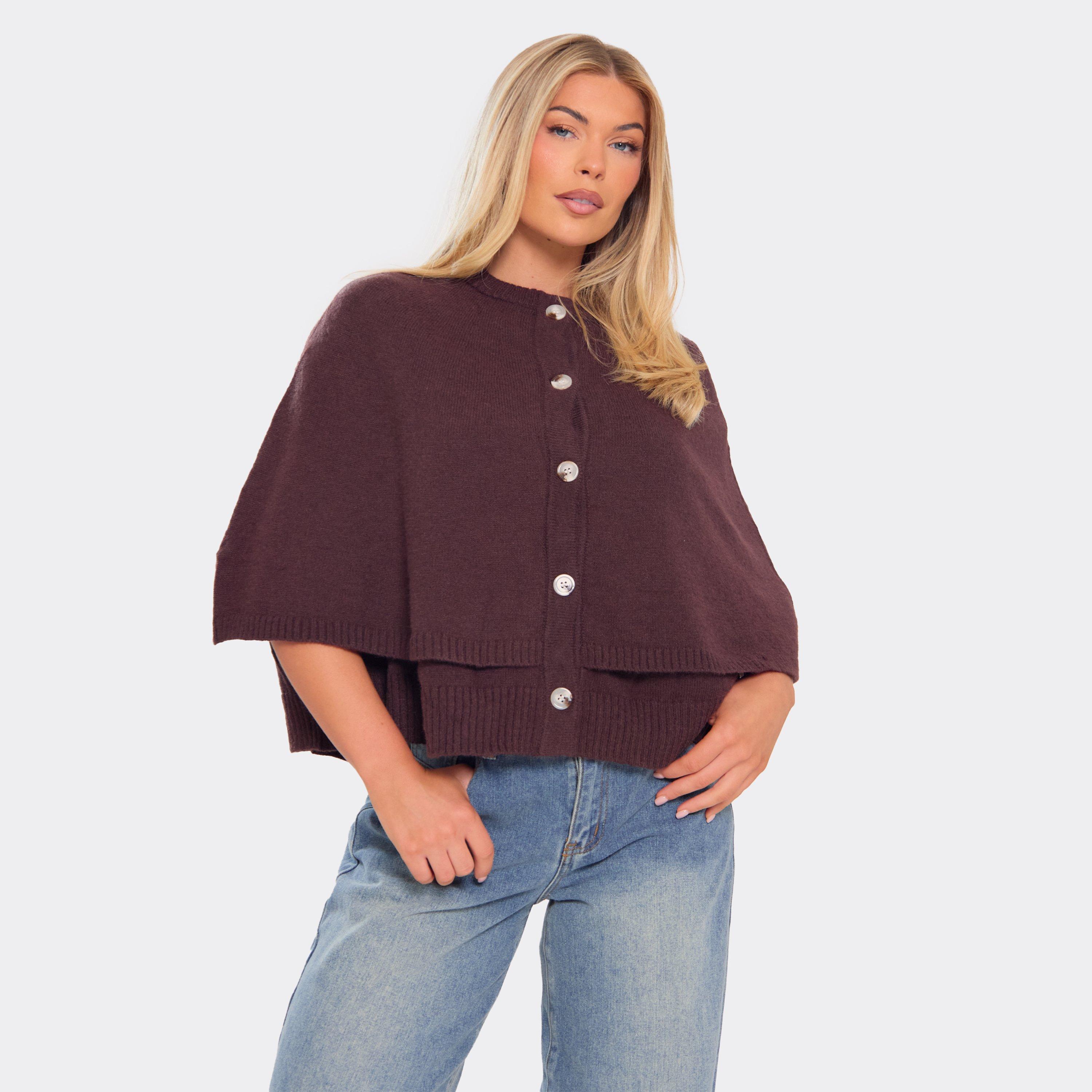 Round Neck Button Up Detail Cape Top In Chocolate Brown Knit, Women's Size UK One Size