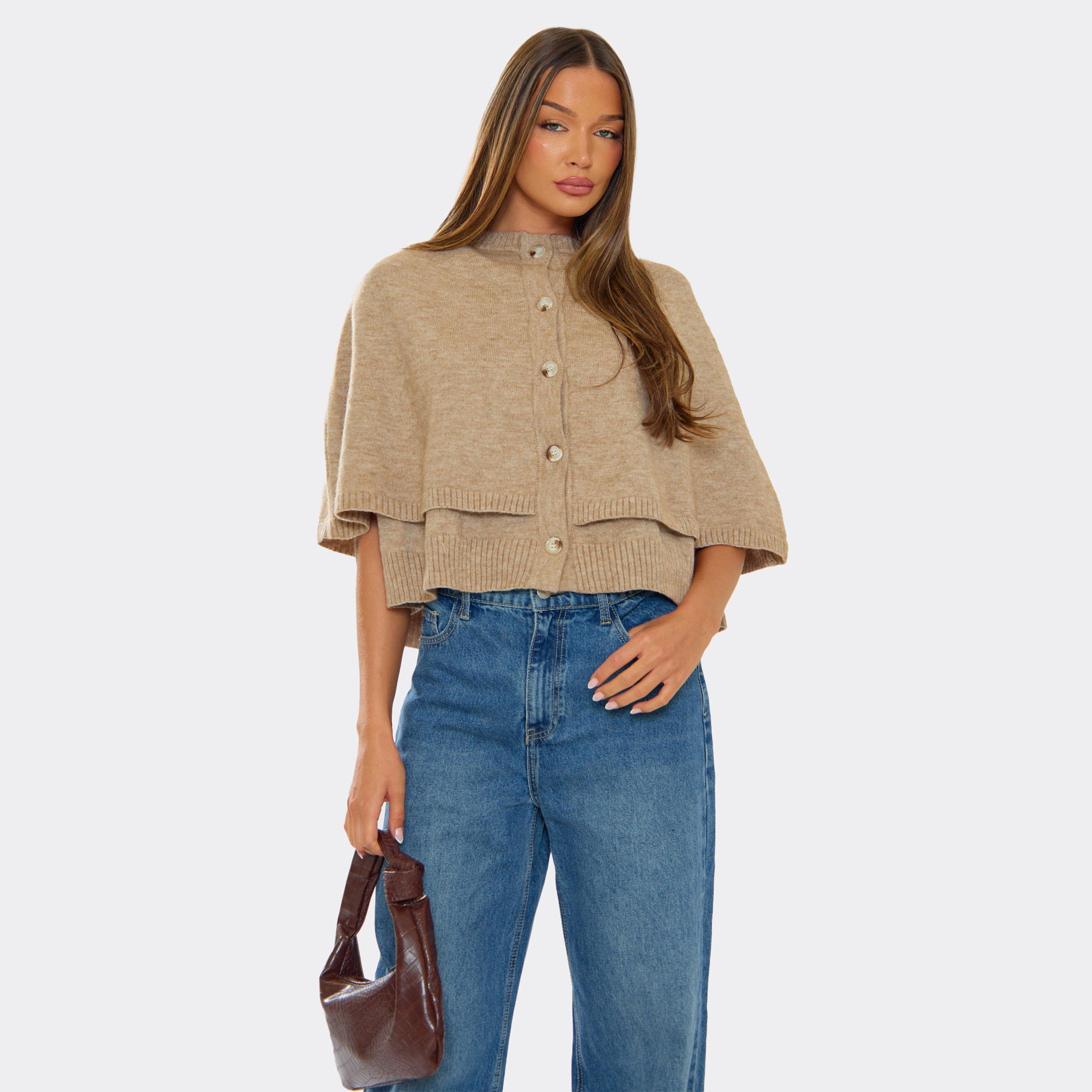 Round Neck Button Up Detail Cape Top In Beige Knit, Women's Size UK One Size