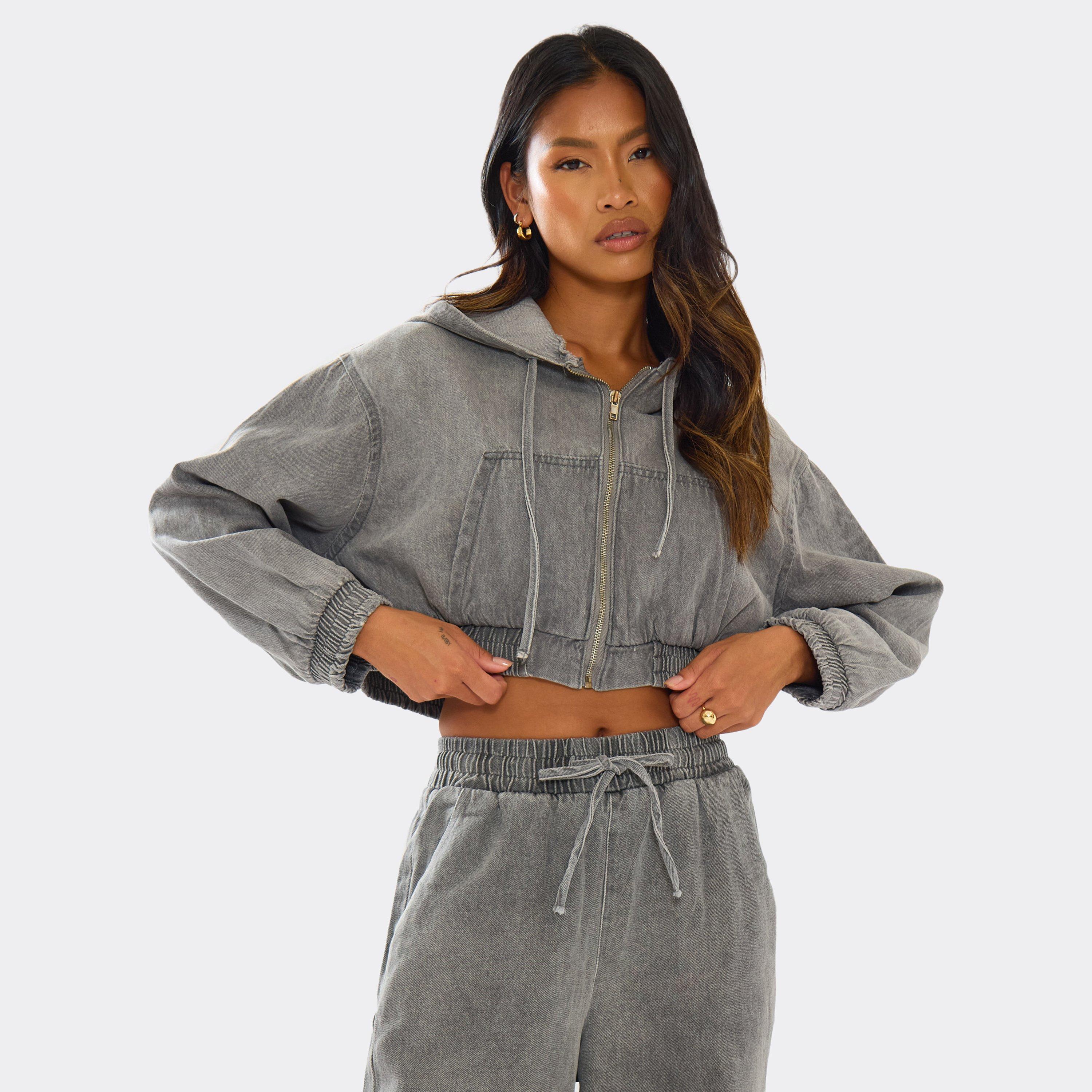Long Sleeve Zip Up Front Detail Hoodie In Washed Grey Denim, Women’s