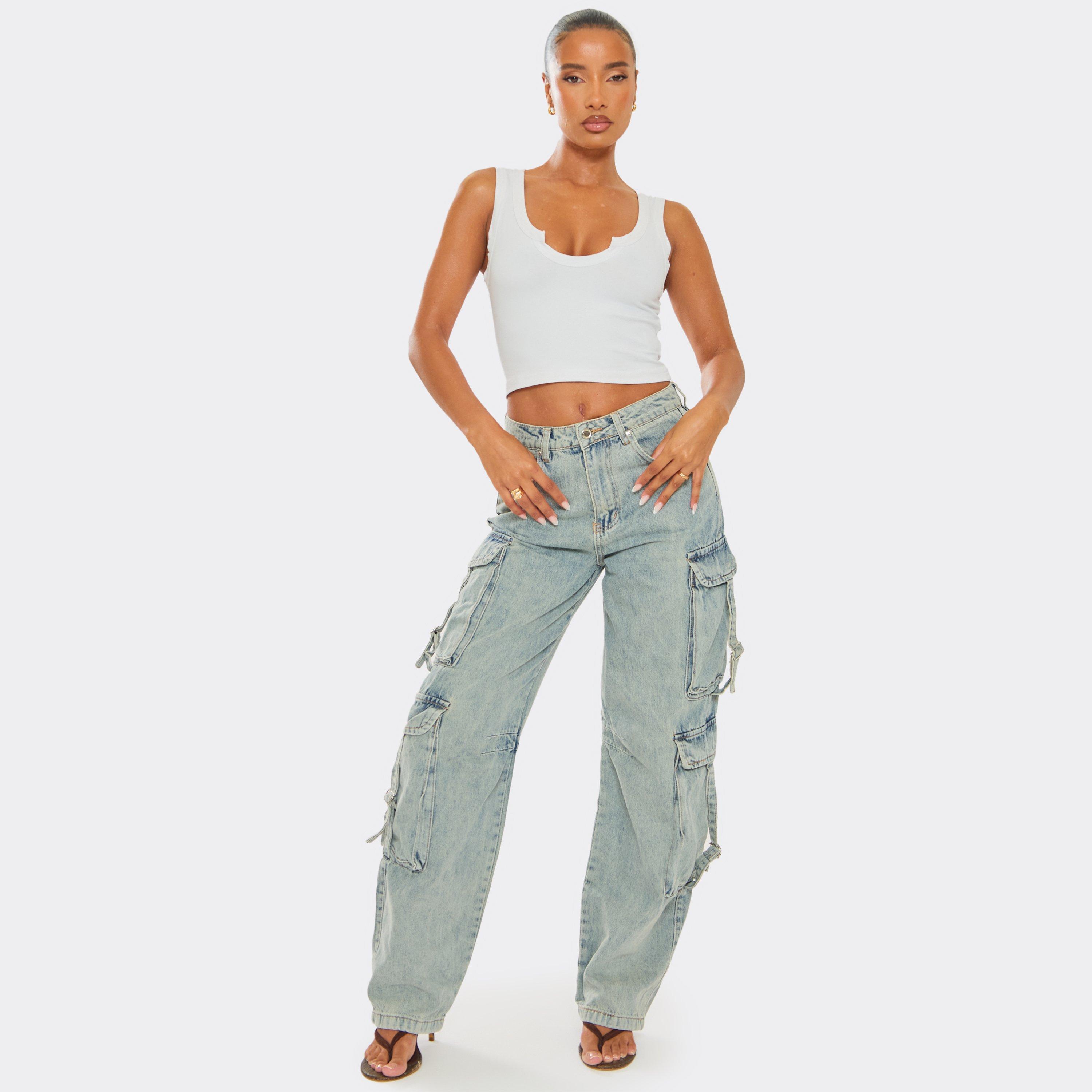 Image of Mid Rise Pocket Detail Cargo Wide Leg Jeans In Acid Wash Blue Denim, Women's Size UK XL